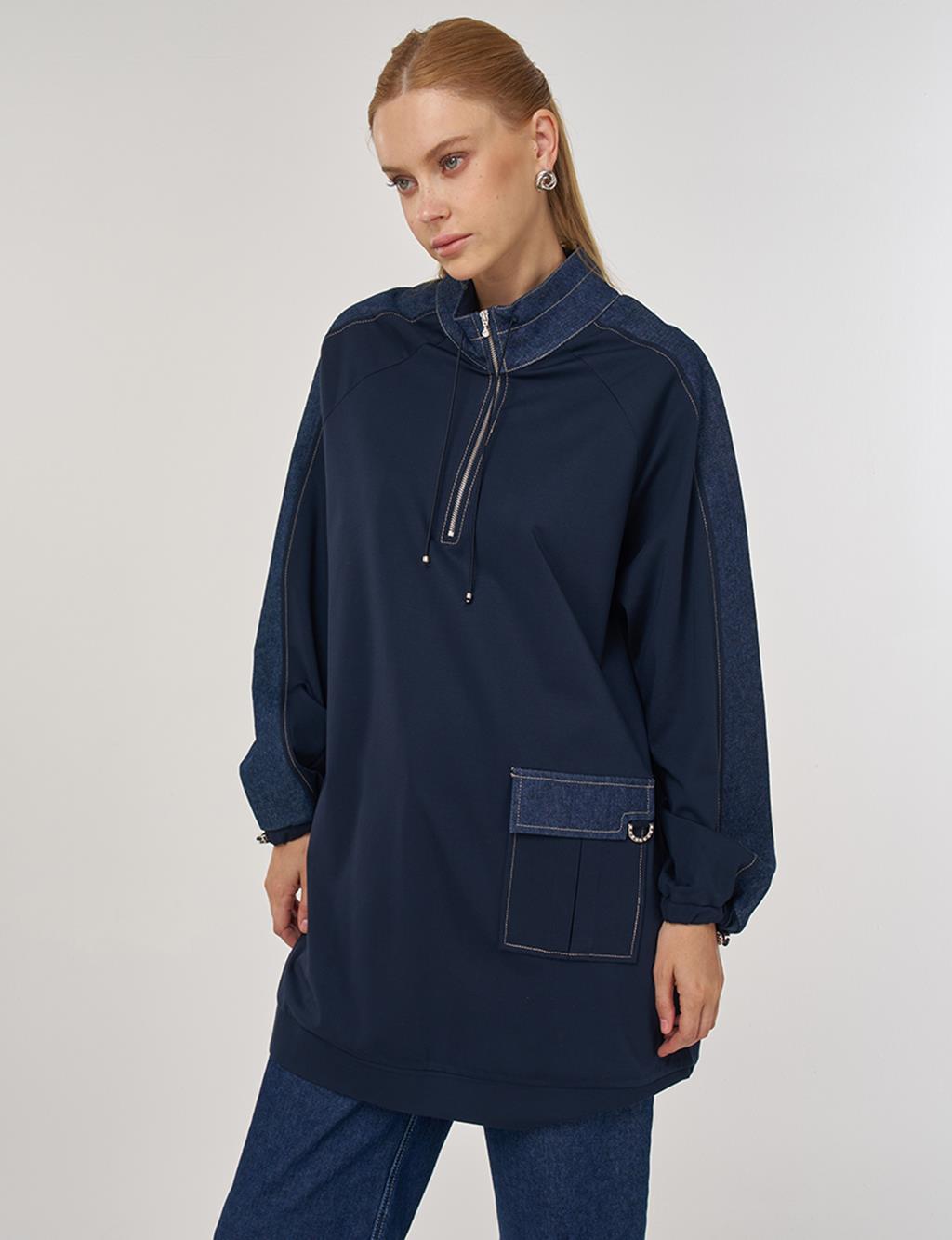 Kayra Kumaş Garnili Dik Yaka Sweatshirt Koyu Lacivert 31005
