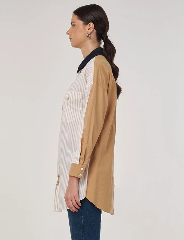 Kayra Kot Yakalı Renk Bloklu Pamuk Gömlek 21013