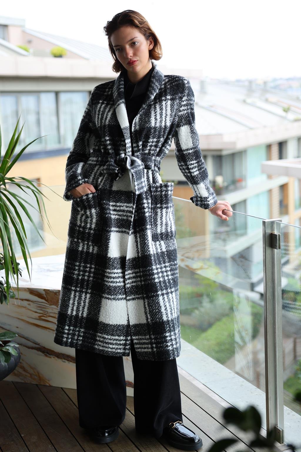 Noi Ekose Yün Viskon Cepli Şal Yaka Kaban 65318