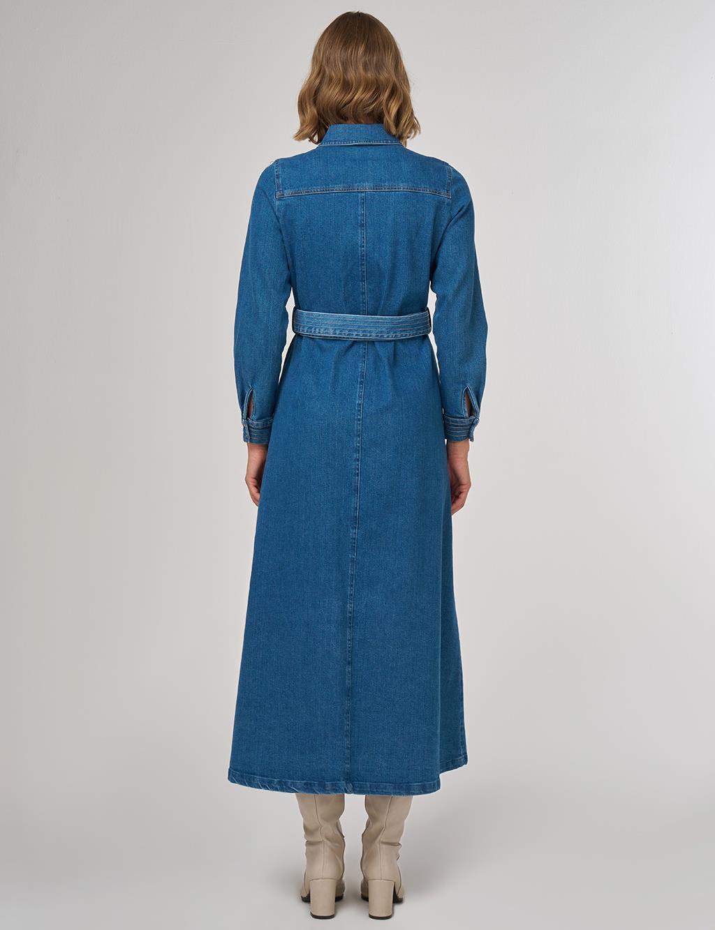 Kayra Kemer Detaylı Denim Elbise 23005