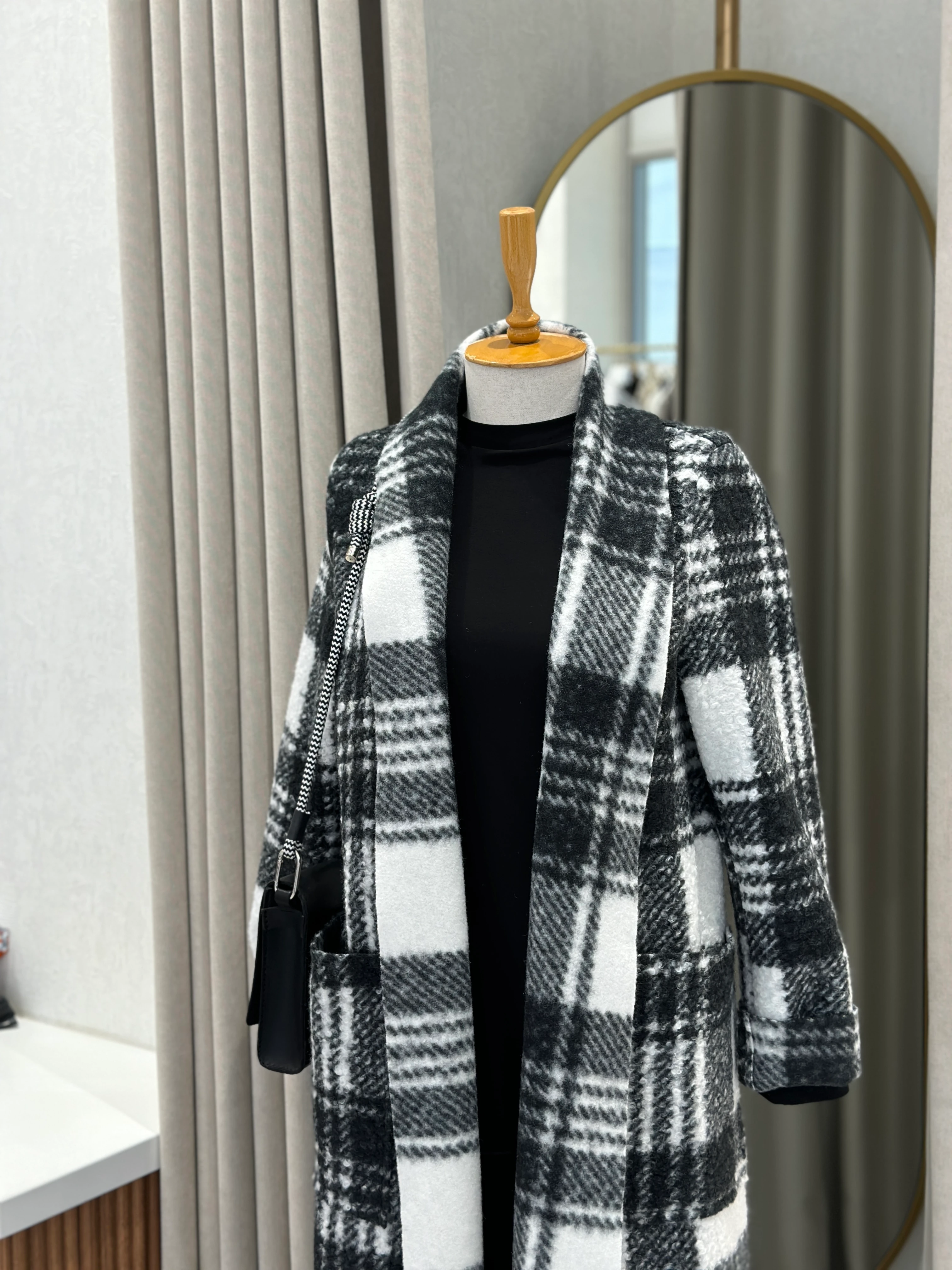 Noi Ekose Yün Viskon Cepli Şal Yaka Kaban 65318