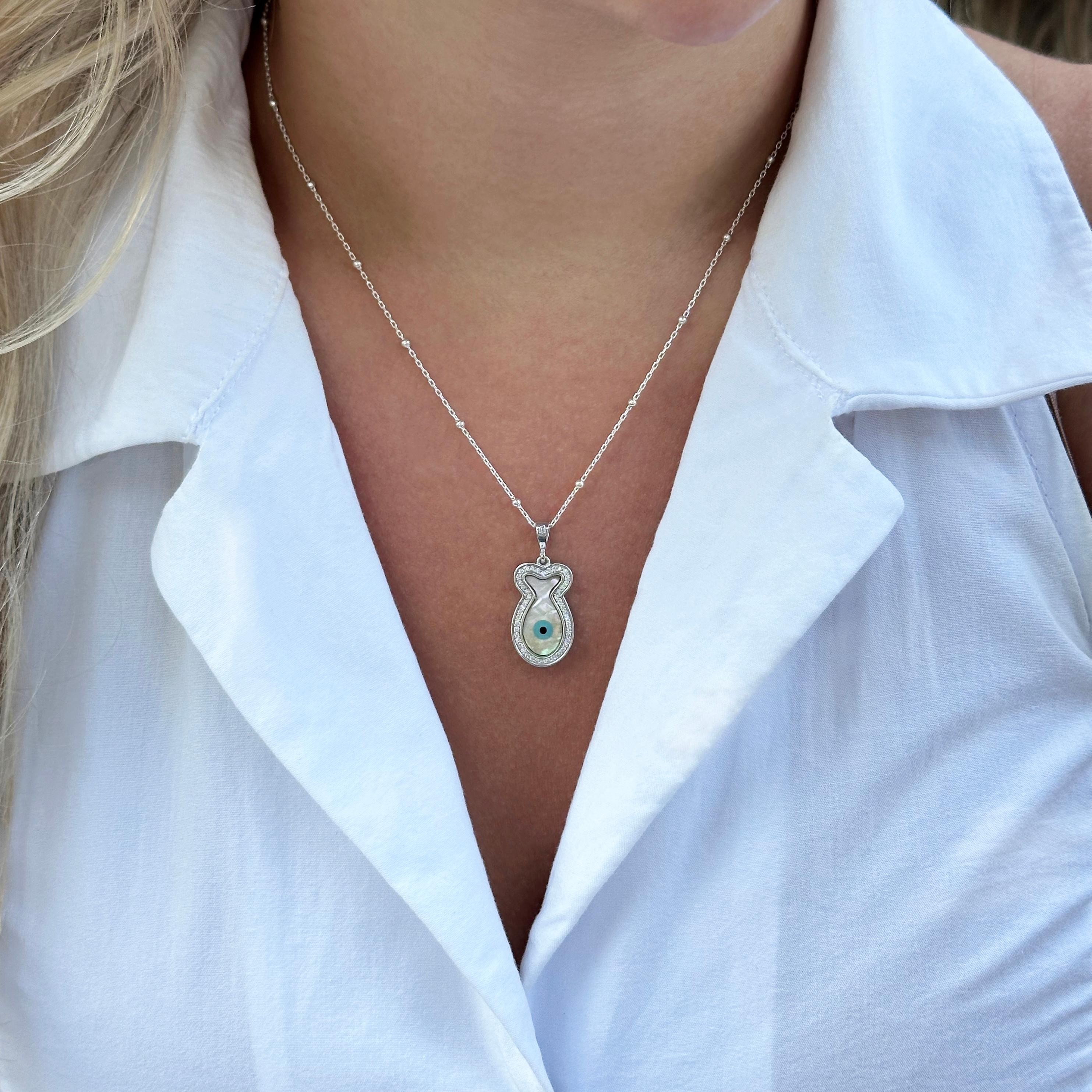 Sterling Silver Fish Necklace with Mother of Pearl Evil Eye