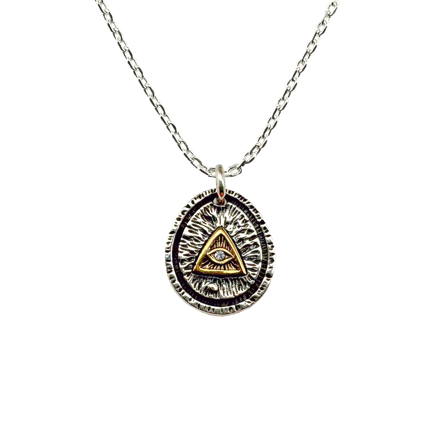 Gold Plated Eye Pyramid Detailed Oval Silver Necklace