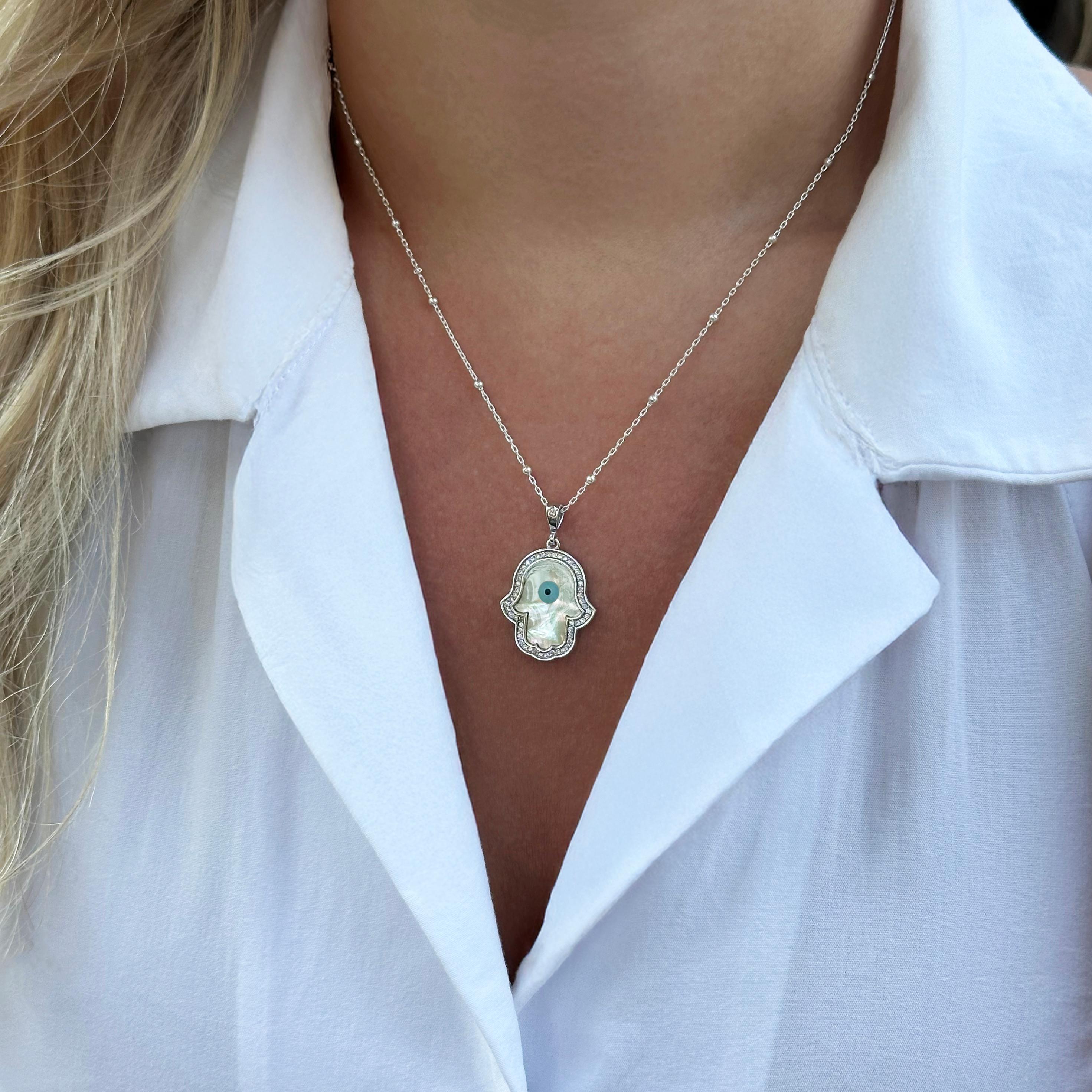 Sterling Silver Hamsa Hand Necklace with Mother of Pearl Eye