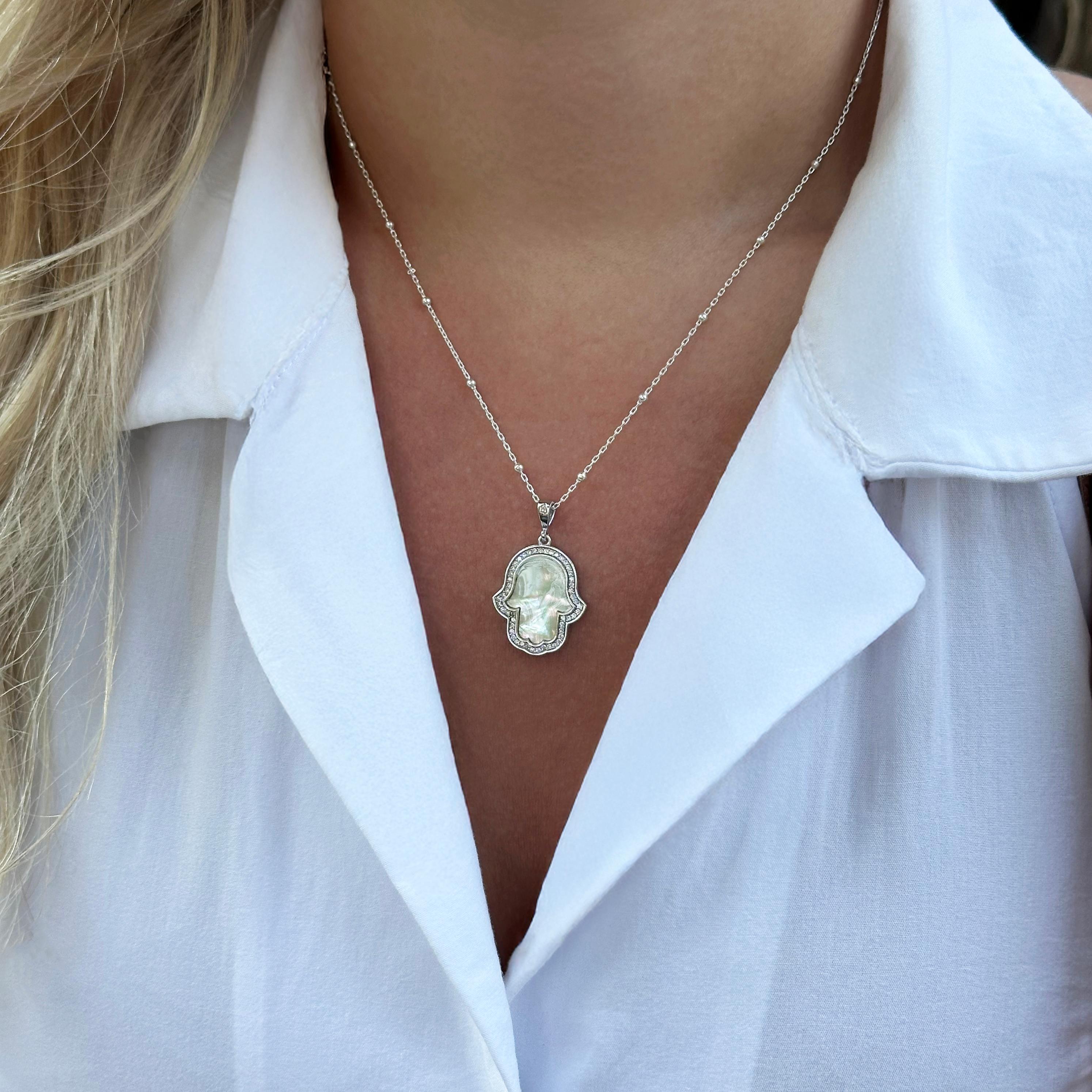 Sterling Silver Hamsa Hand Necklace with Mother of Pearl