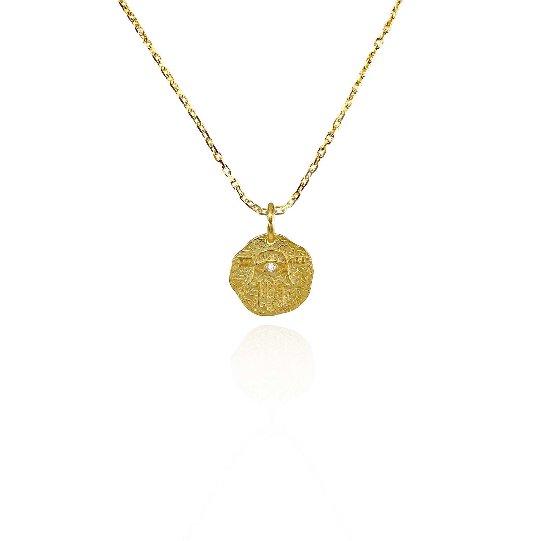 Hamsa Hand Silver Necklace with White Stone - Gold
