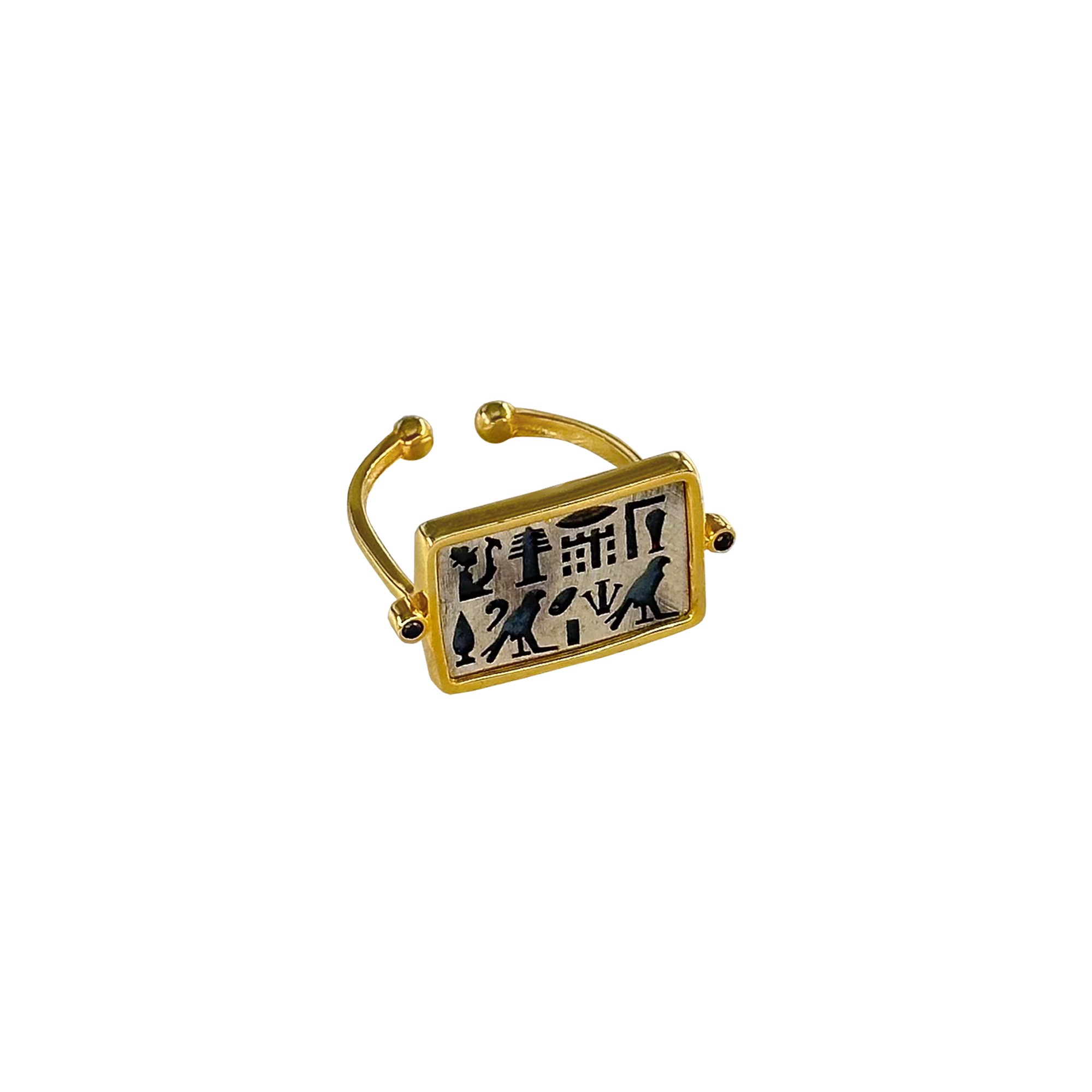 Mixed Egyptian Hieroglyph Gold-Plated&Oxidized Ring