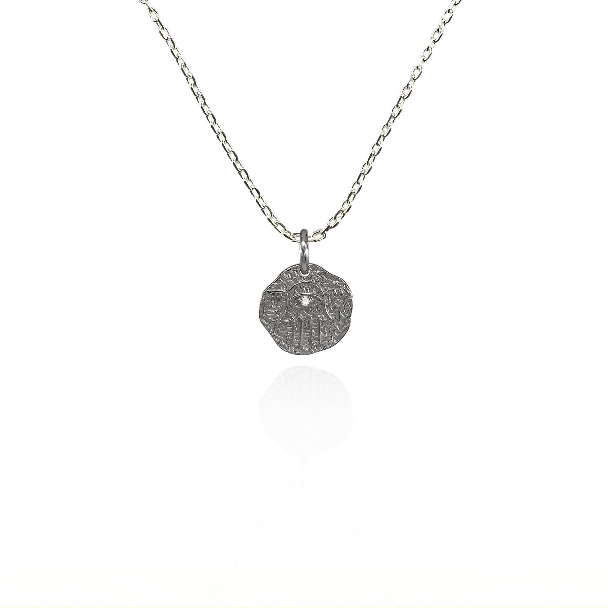 Hamsa Hand Silver Necklace with White Stone