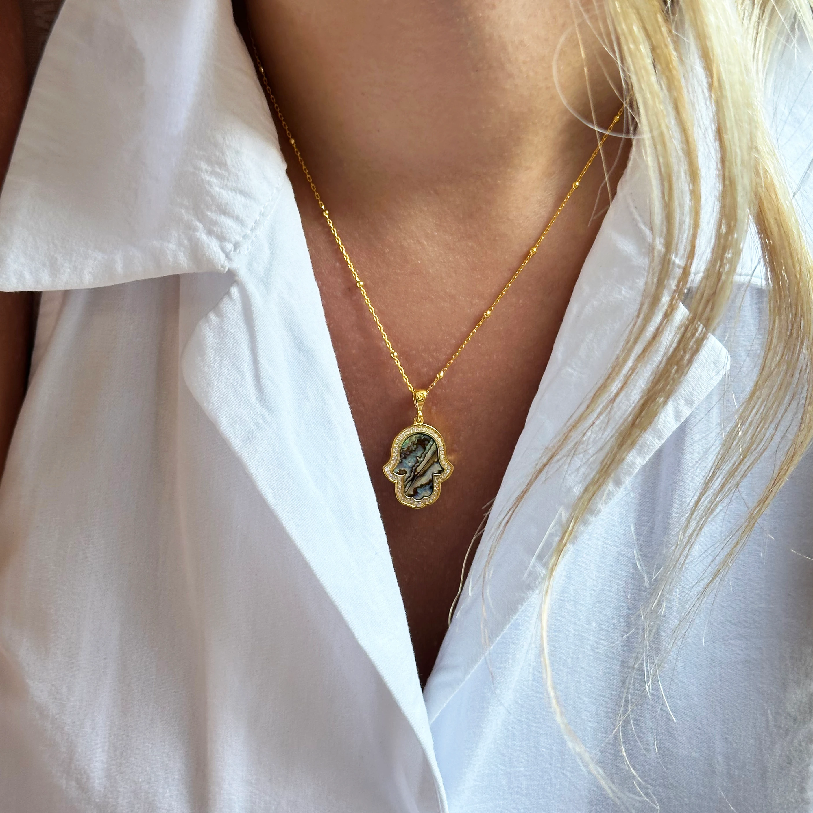 Sterling Silver Hamsa Hand Necklace with Ocean Mother of Pearl