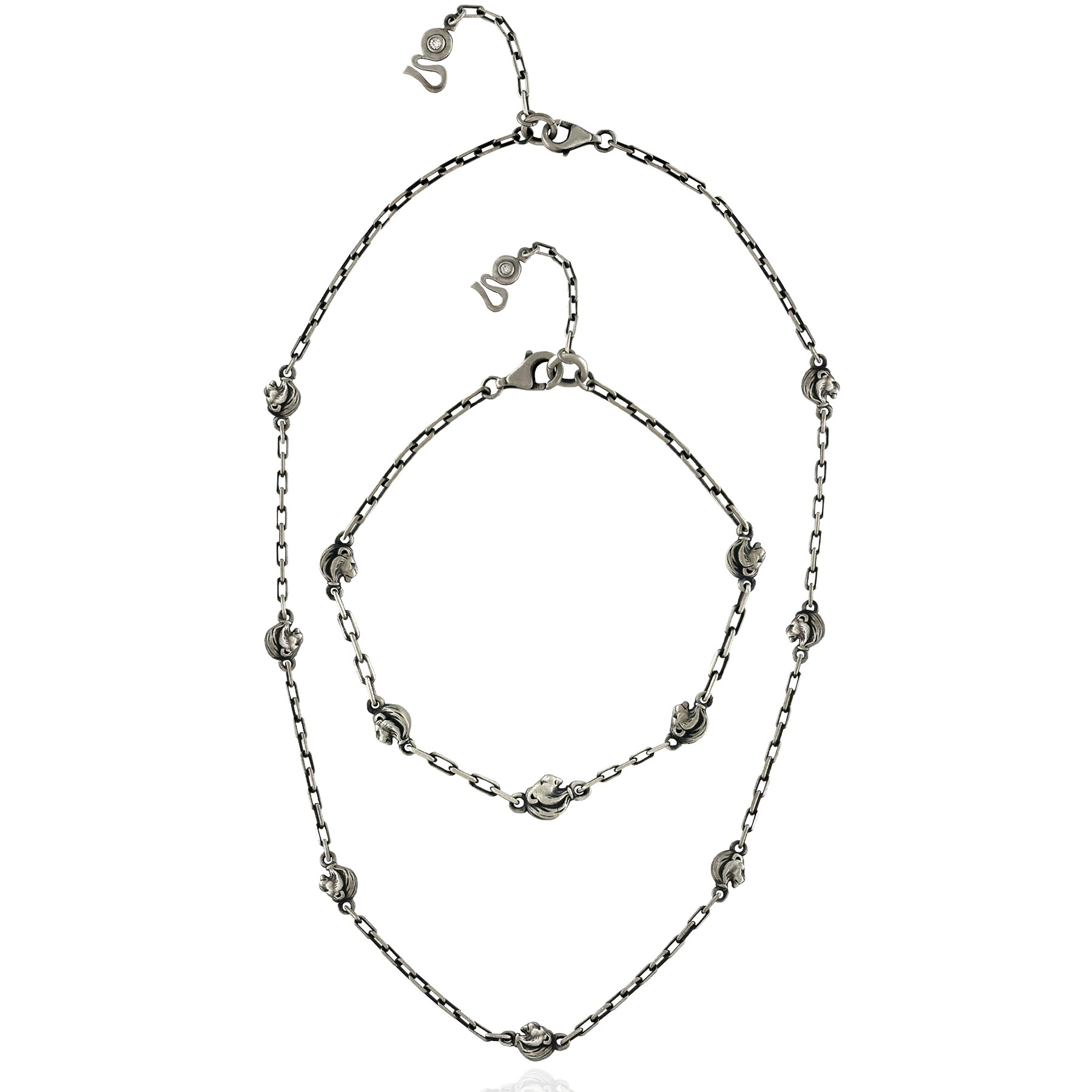 Lion Figure Oxidized Silver Chain Set