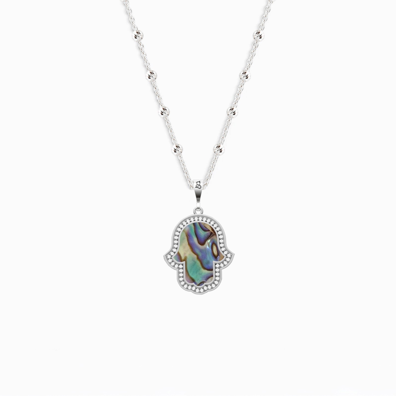 Sterling Silver Hamsa Hand Necklace with Ocean Mother of Pearl