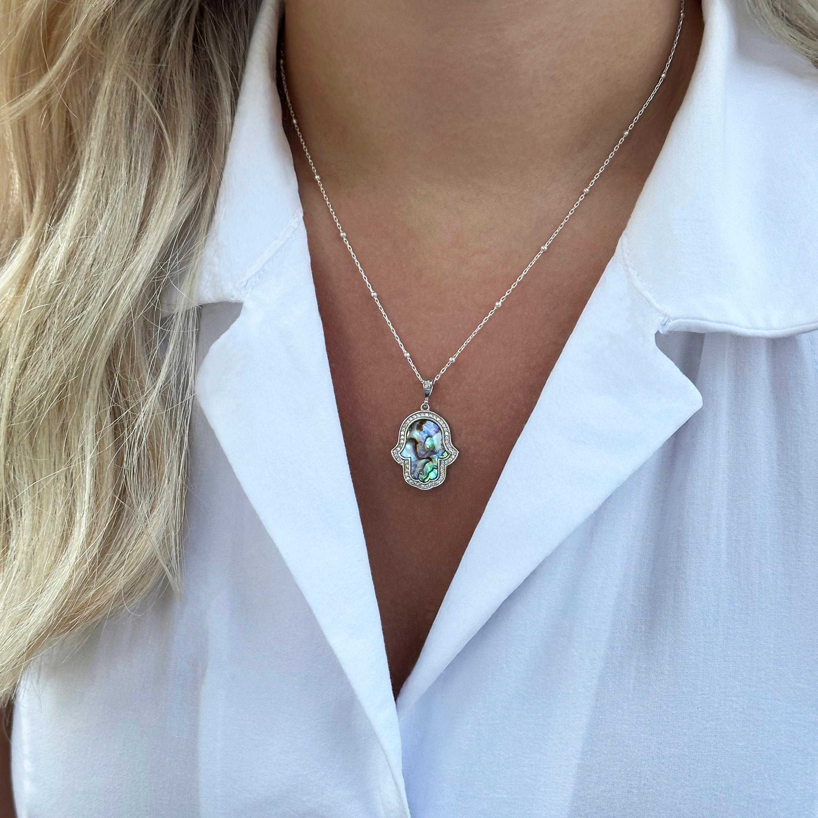 Sterling Silver Hamsa Hand Necklace with Ocean Mother of Pearl