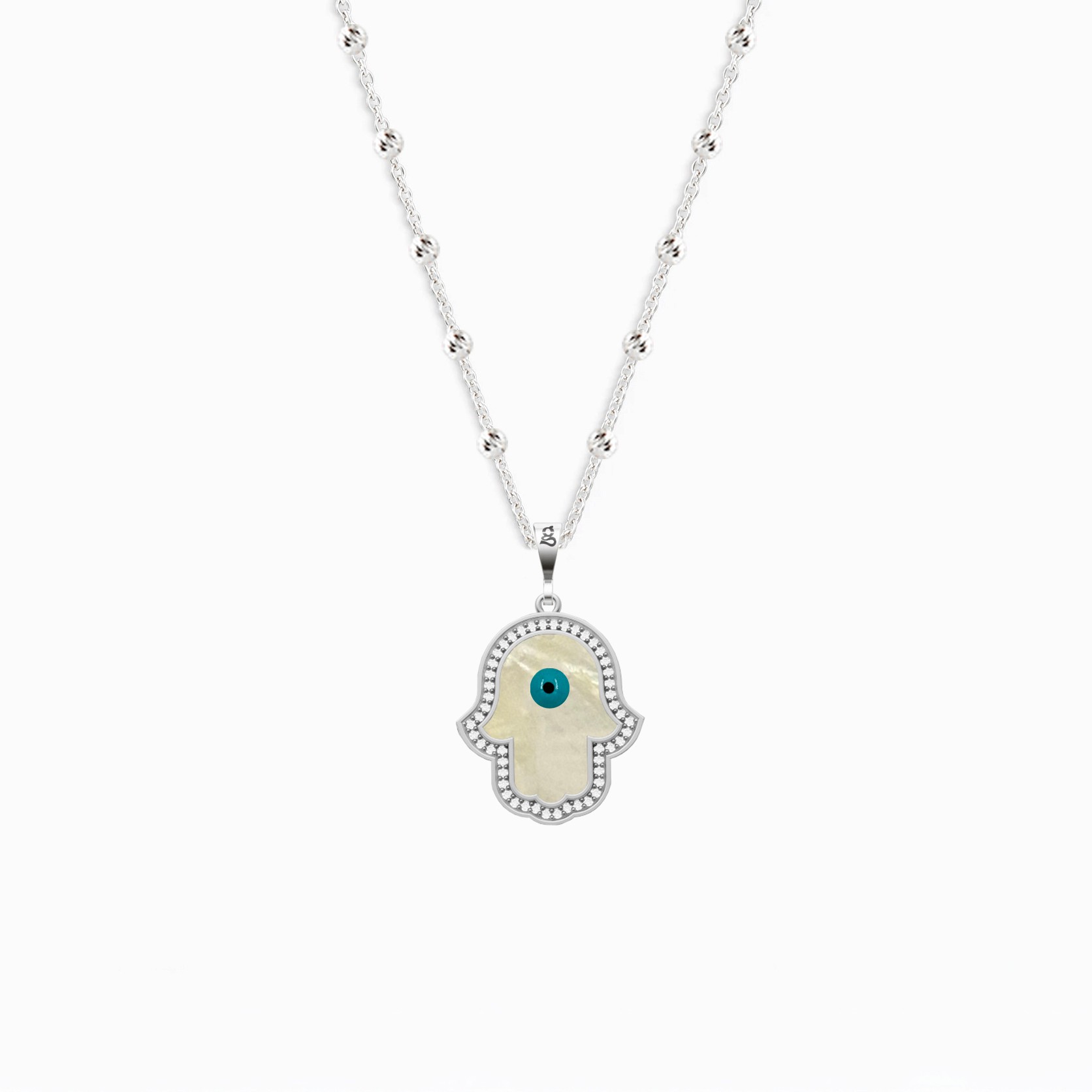 Sterling Silver Hamsa Hand Necklace with Mother of Pearl Eye
