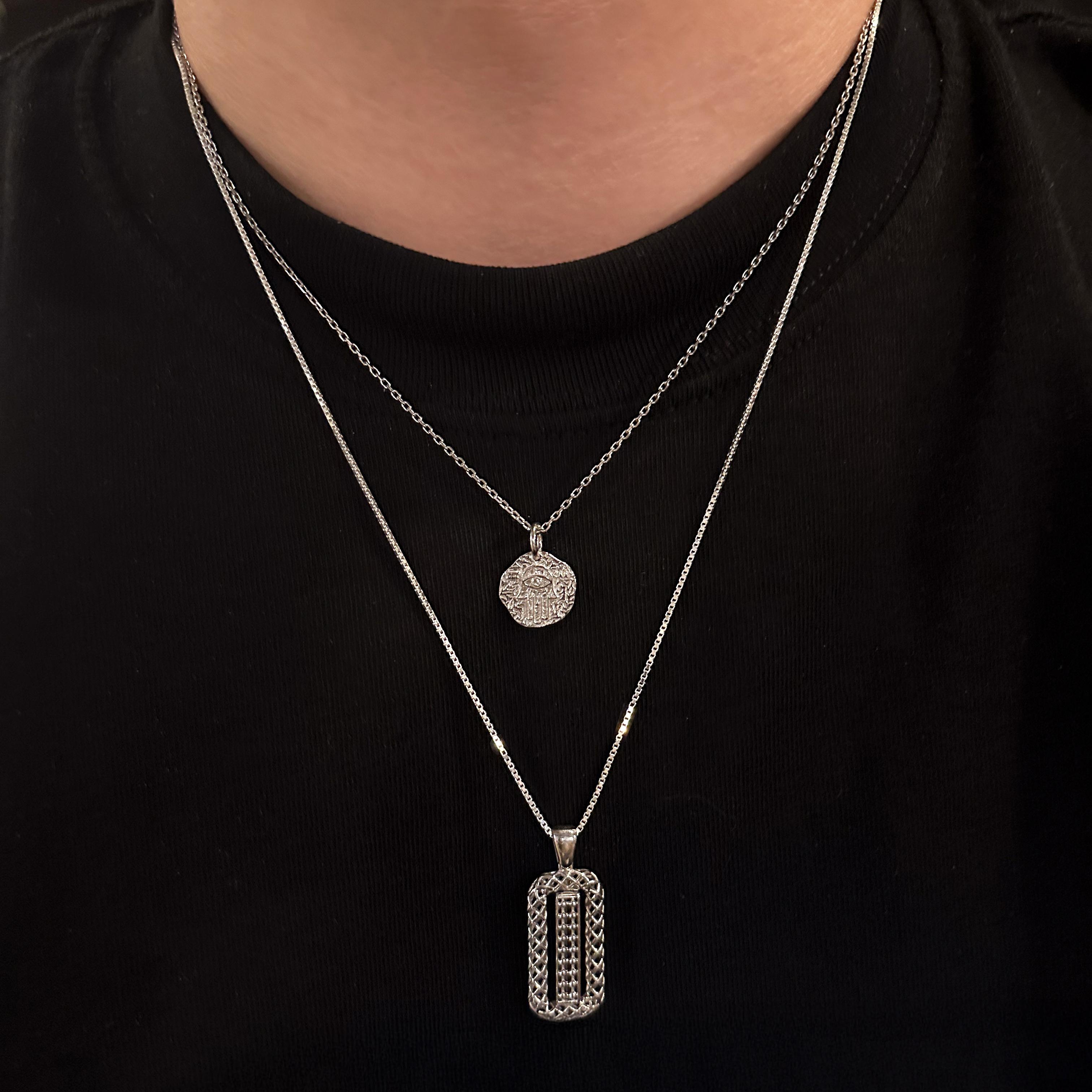 Hamsa Hand Silver Necklace with White Stone