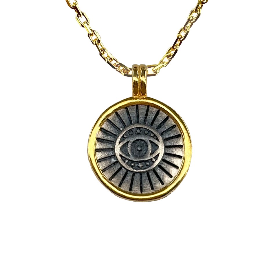 Round Gold-Plated & Oxidized Necklace with Eye Motif