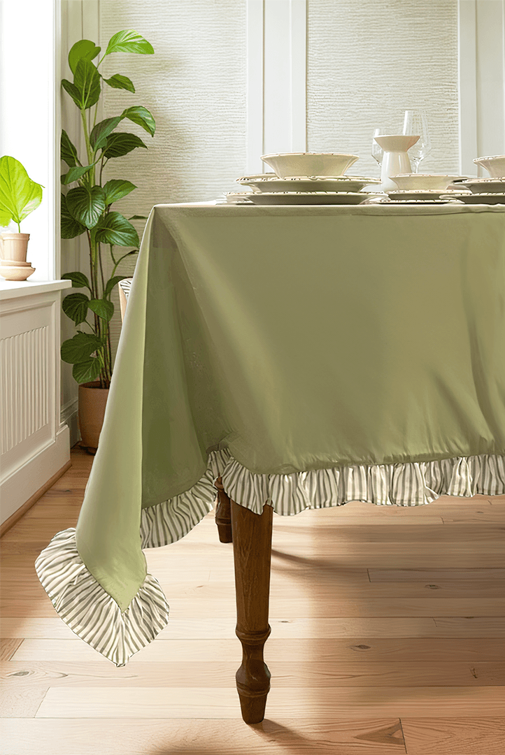 Bohemian %100 Pamuk Fırfırlı Masa Örtüsü 150x220cm Su Yeşili