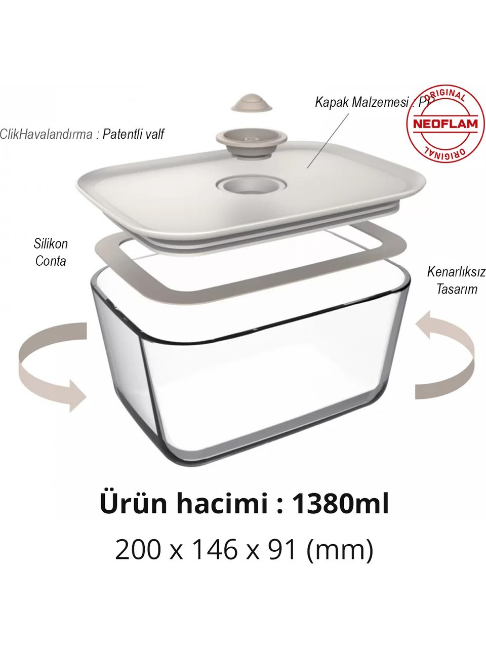 Fika Clık Dikdörtgen Saklama Kabı 1380Ml Bej