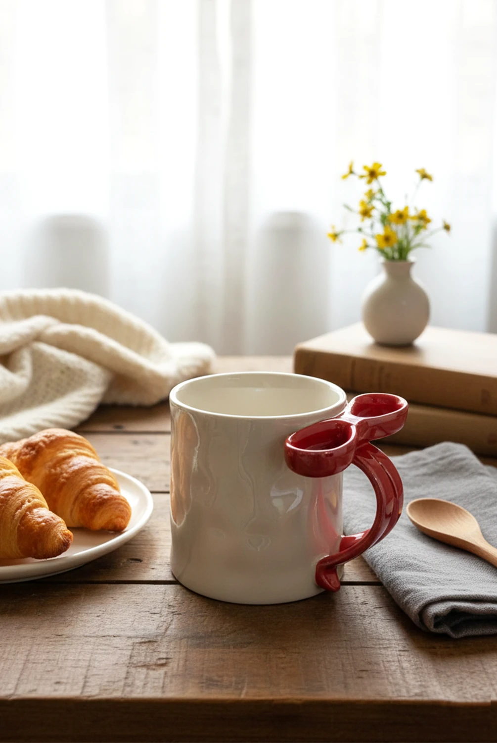 Simple Kurdela Kulplu Seramik Kupa Kırmızı