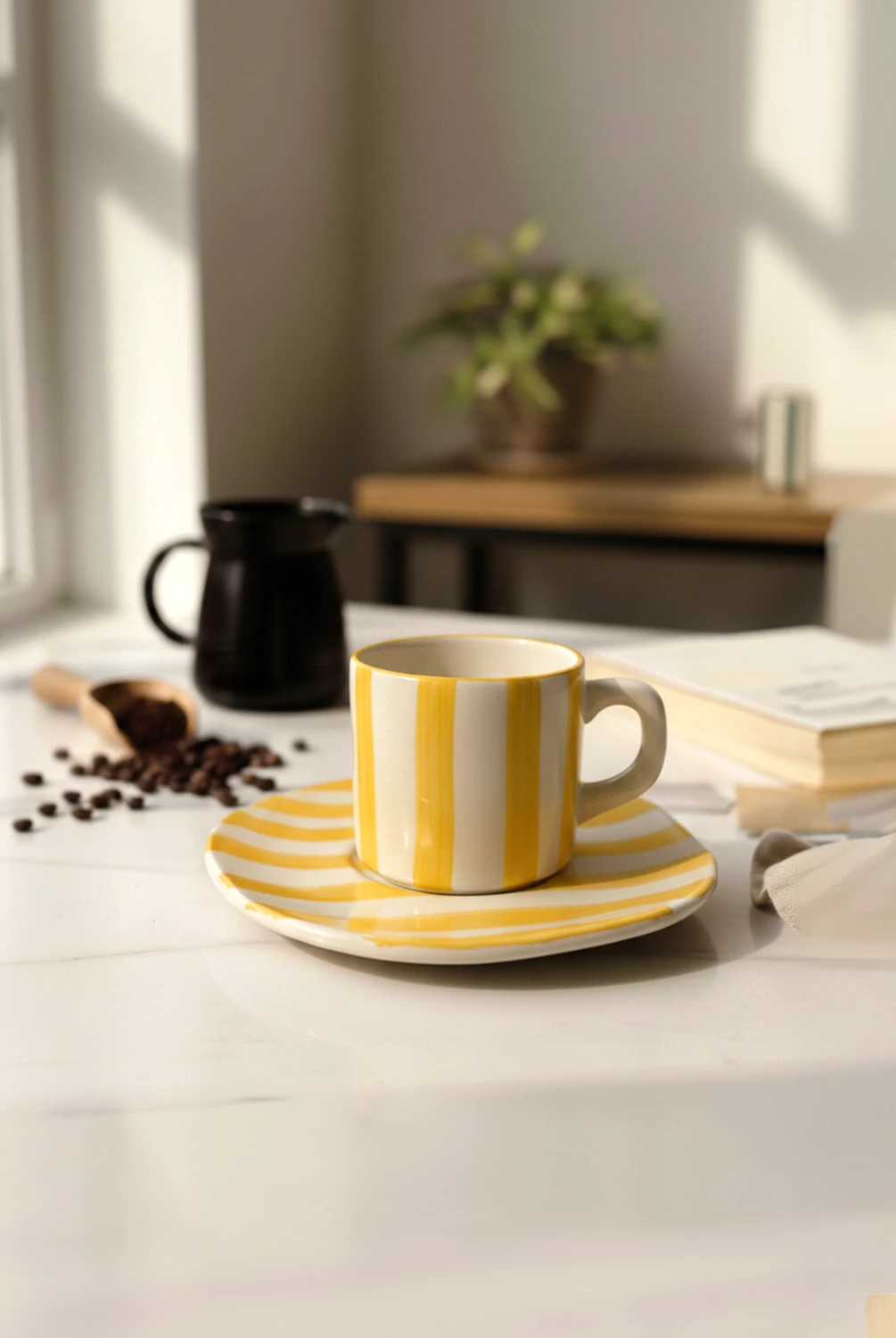 Elly Çizgili Tabaklı Fincan Sarı