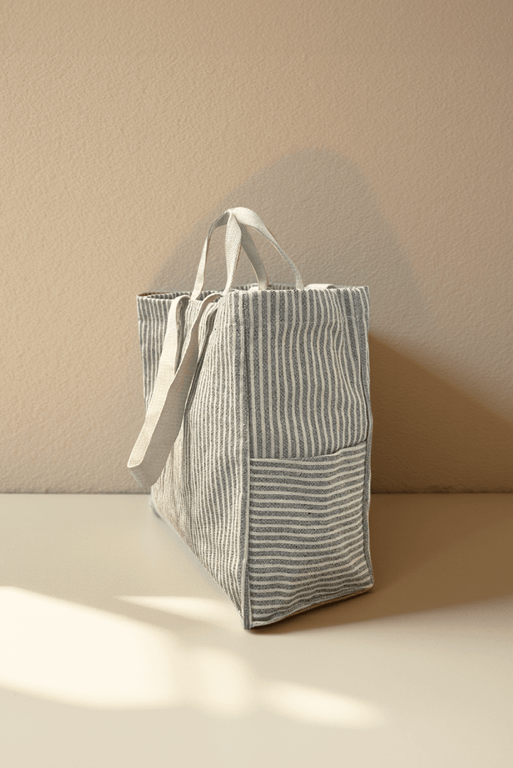 Beach Bag Çizgili Çift Çepli Keten Çanta