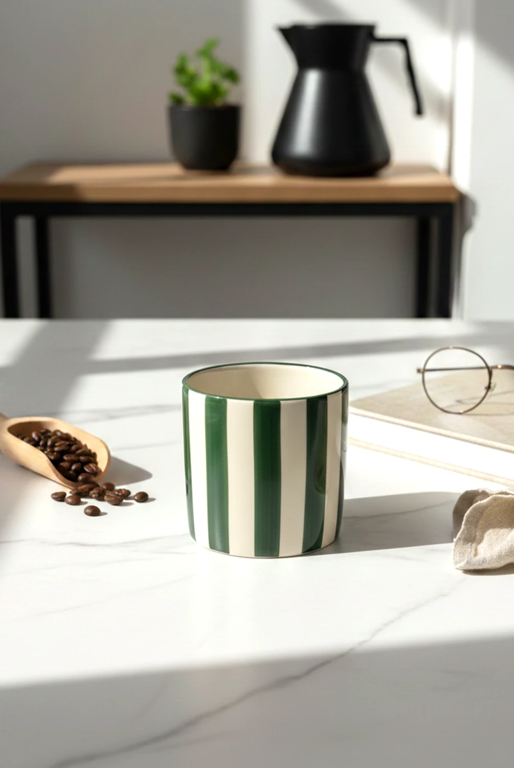 Elly Çizgili Kulpsuz Kupa Yeşil