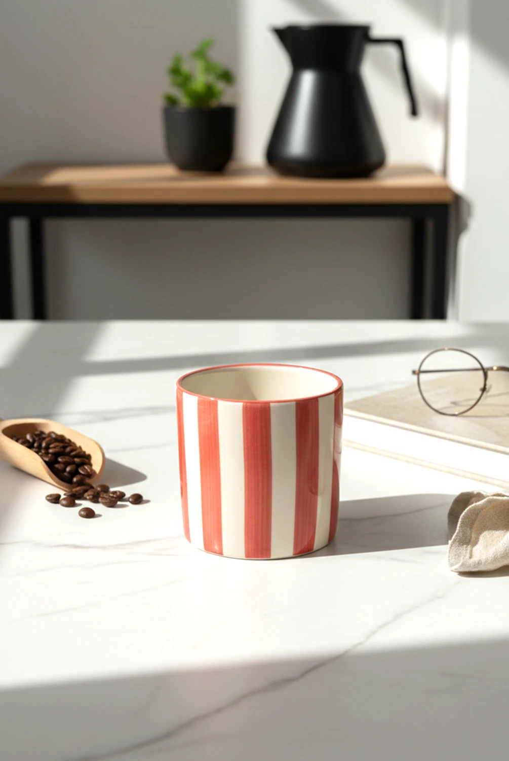 Elly Çizgili Kulpsuz Kupa Kırmızı