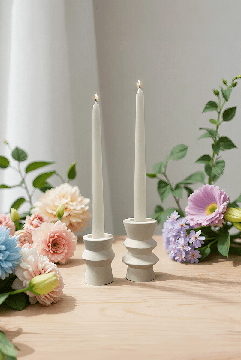 Floral Düz Şamdan Mumu 2'li Beyaz