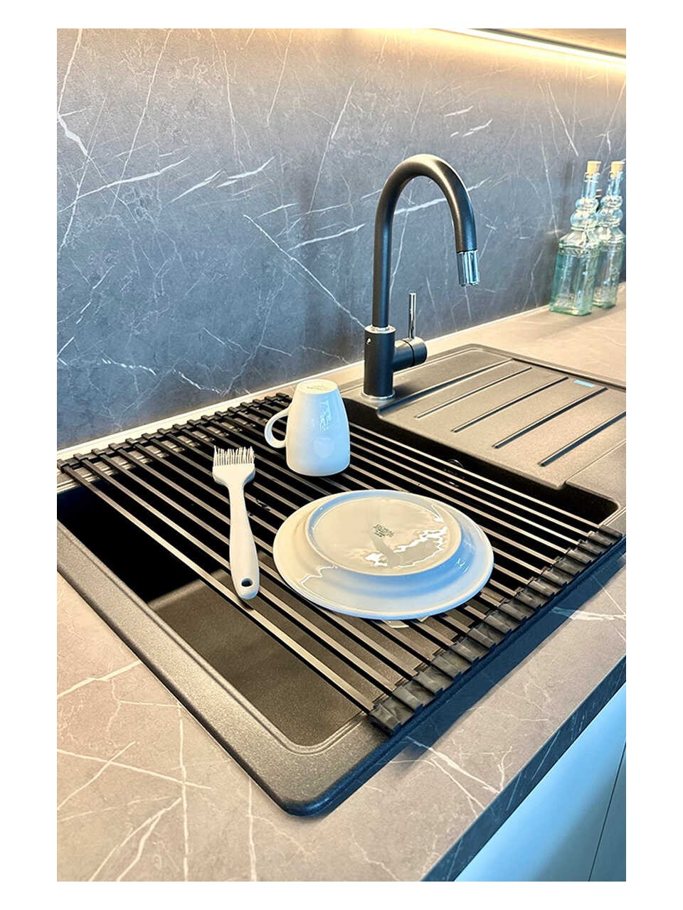 Primanova Lavabo Üstü Katlanabilen Nihale Bulaşıklık Paslanmaz Aluminyum - Siyah