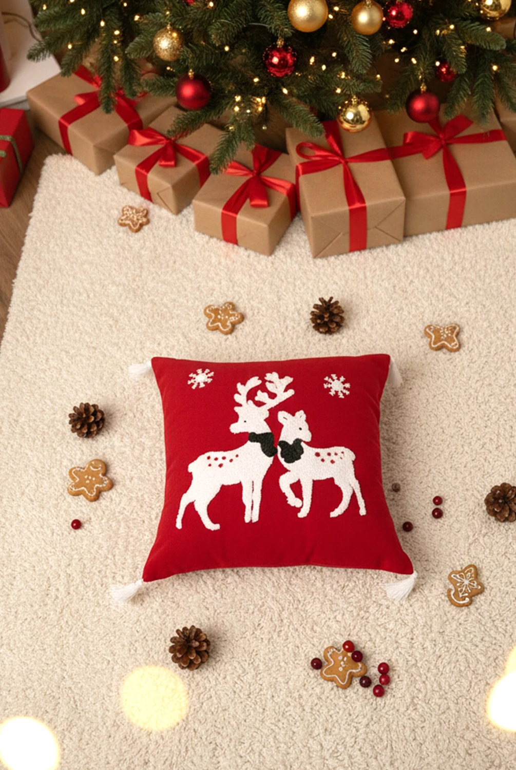 New Year Geyikli Kırlent Kılıfı Kırmızı 43x43 cm