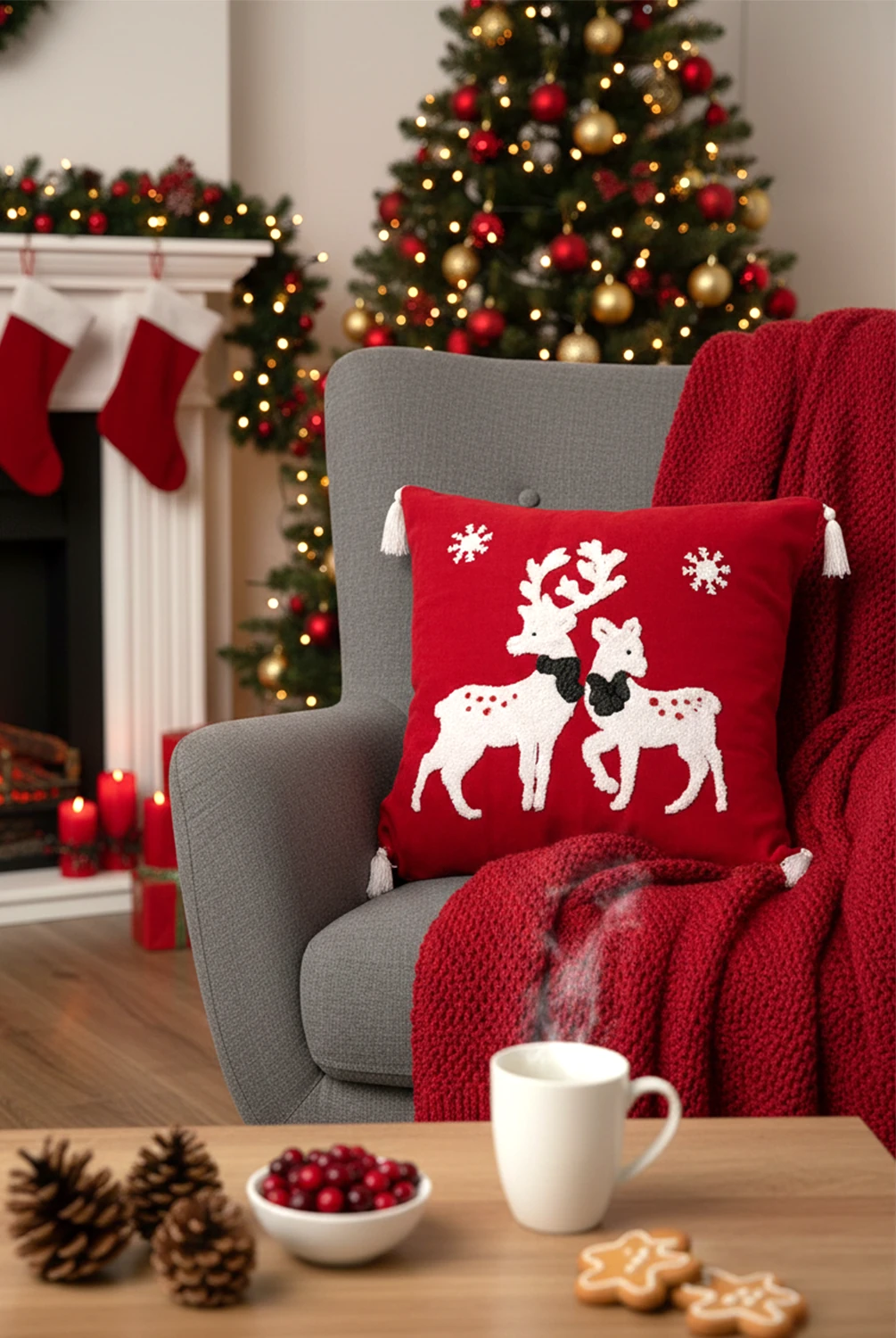 New Year Geyikli Kırlent Kılıfı Kırmızı 43x43 cm
