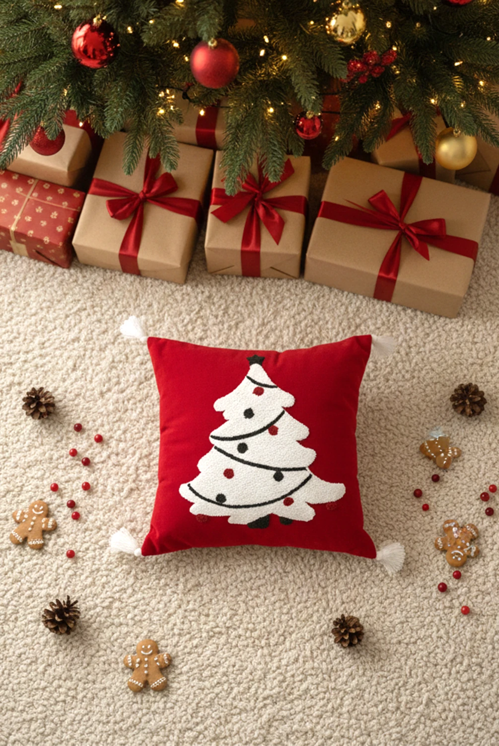 New Year Çam Ağaçlı Kırlent Kılıfı Kırmızı 43x43 cm