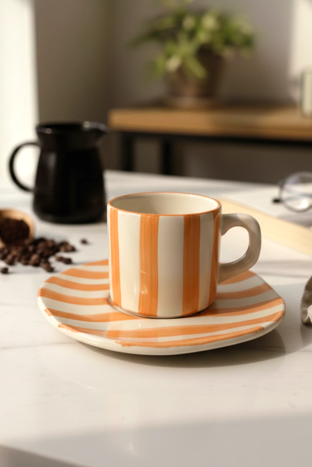 Elly Çizgili Tabaklı Fincan Turuncu