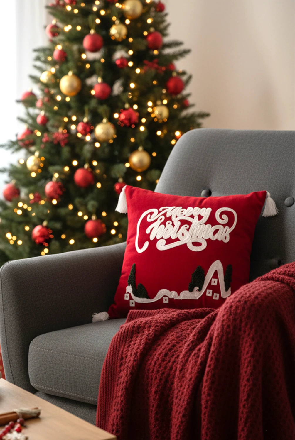 Merry Chistmas Kırlent Kılıfı Kırmızı 43x43 cm