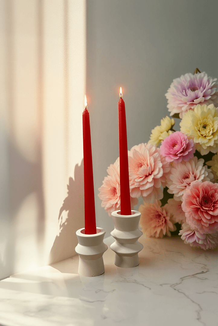 Floral Düz Şamdan Mumu 2'li Kırmızı