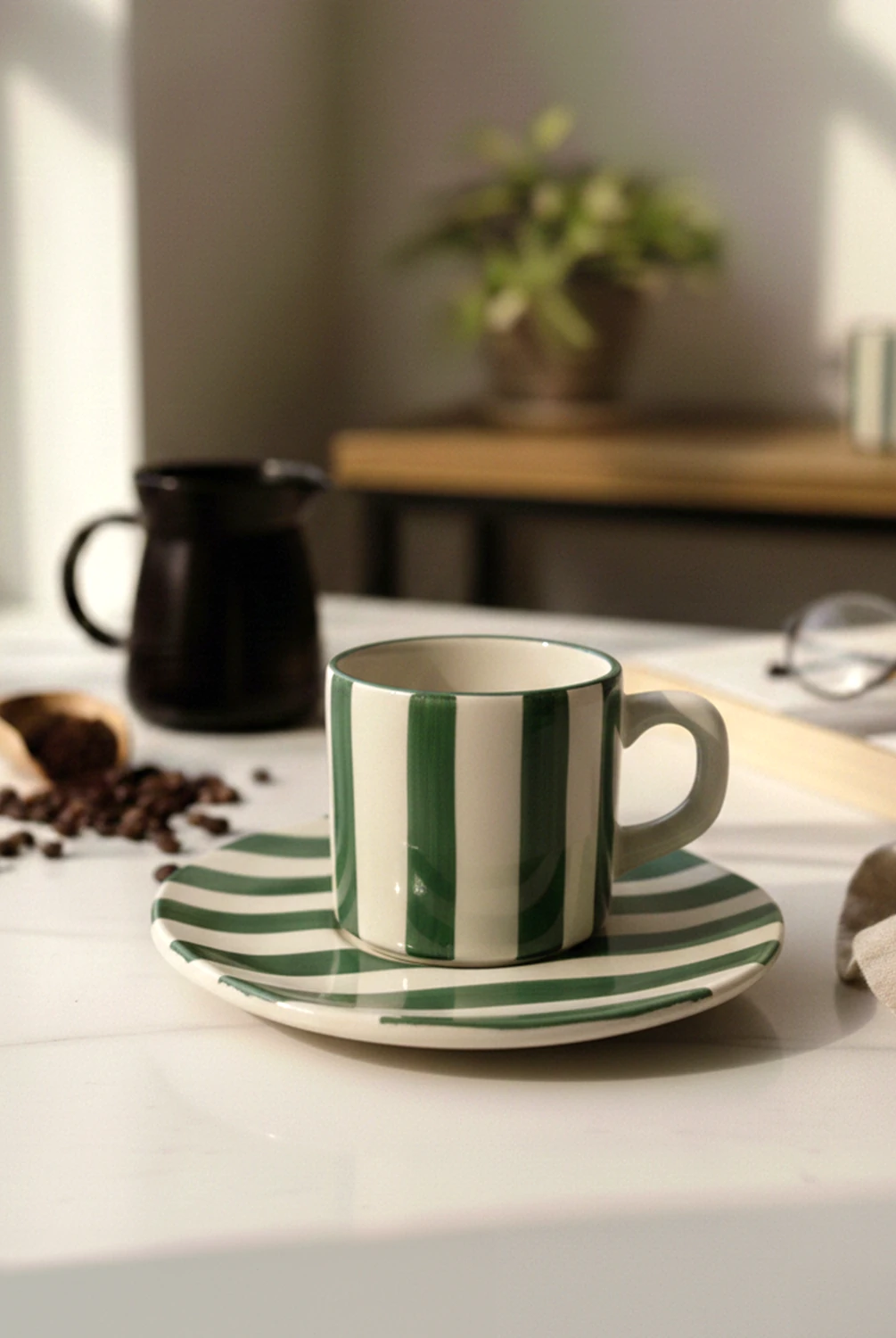 Elly Çizgili Tabaklı Fincan Yeşil