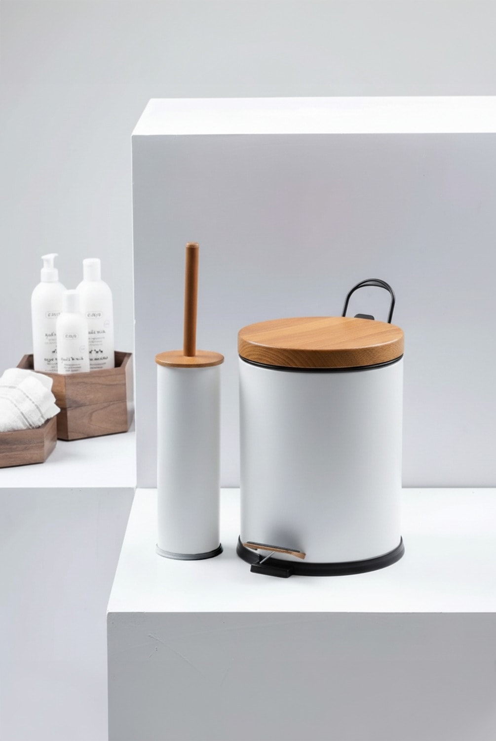 Arina Ahşap Desenli İkili Banyo Seti Beyaz