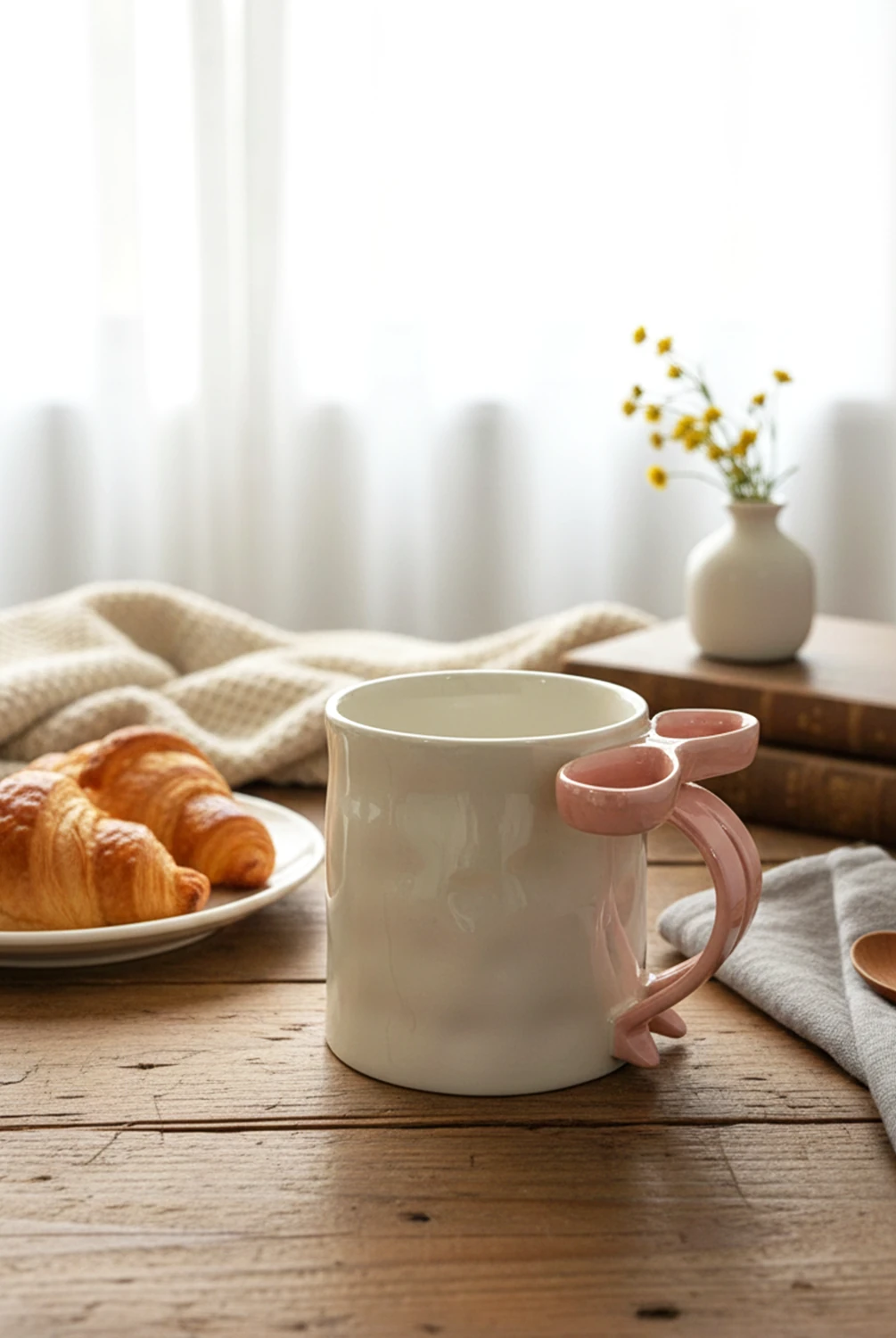 Simple Kurdela Kulplu Seramik Kupa Pembe