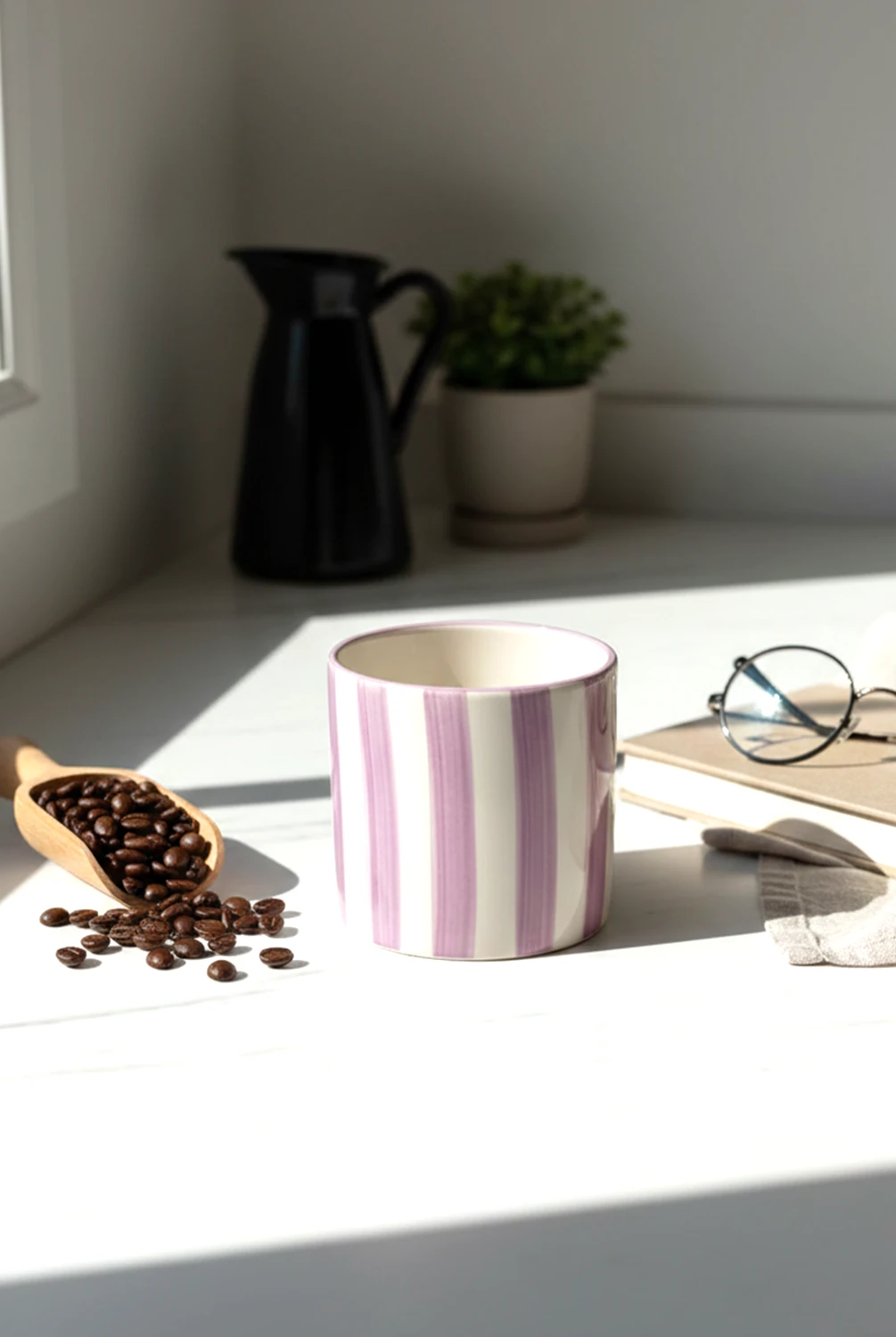 Elly Çizgili Kulpsuz Kupa Mor