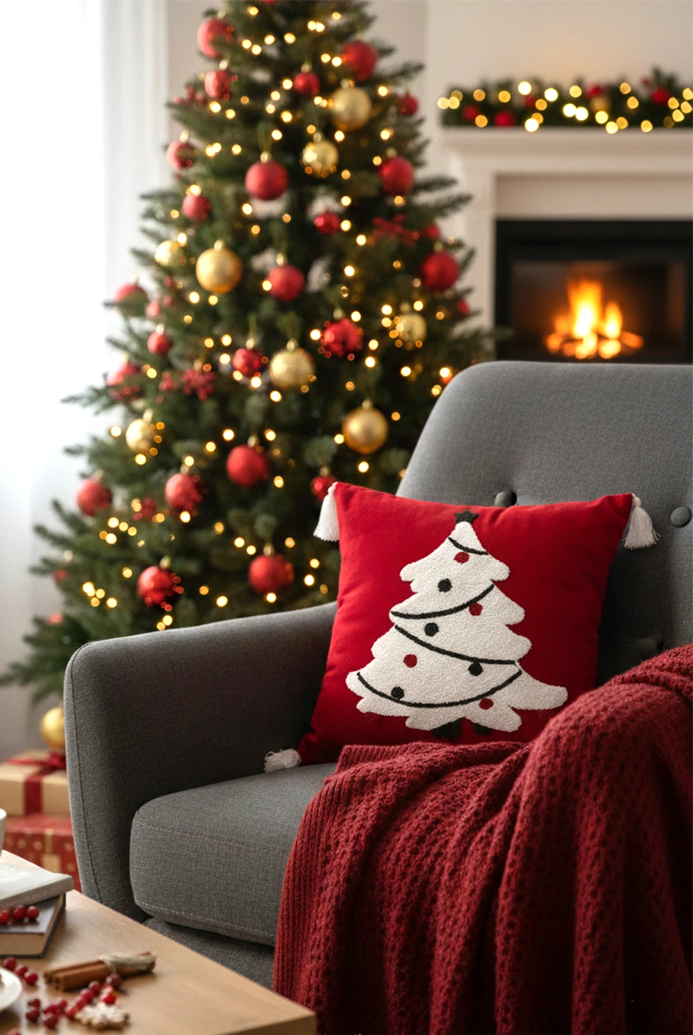 New Year Çam Ağaçlı Kırlent Kılıfı Kırmızı 43x43 cm