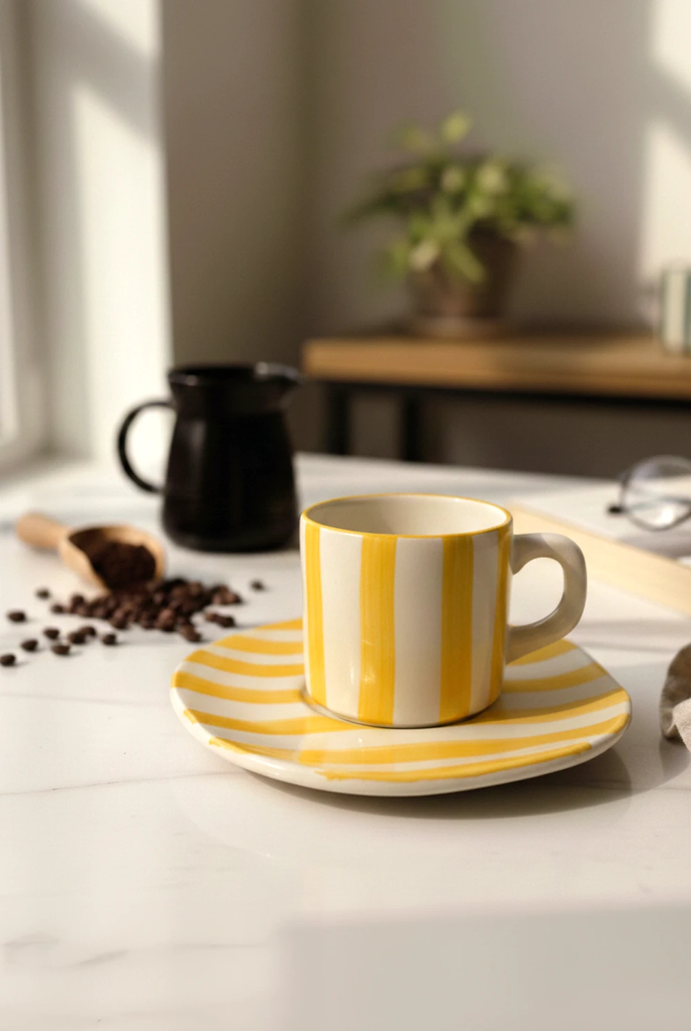 Elly Çizgili Tabaklı Fincan Sarı