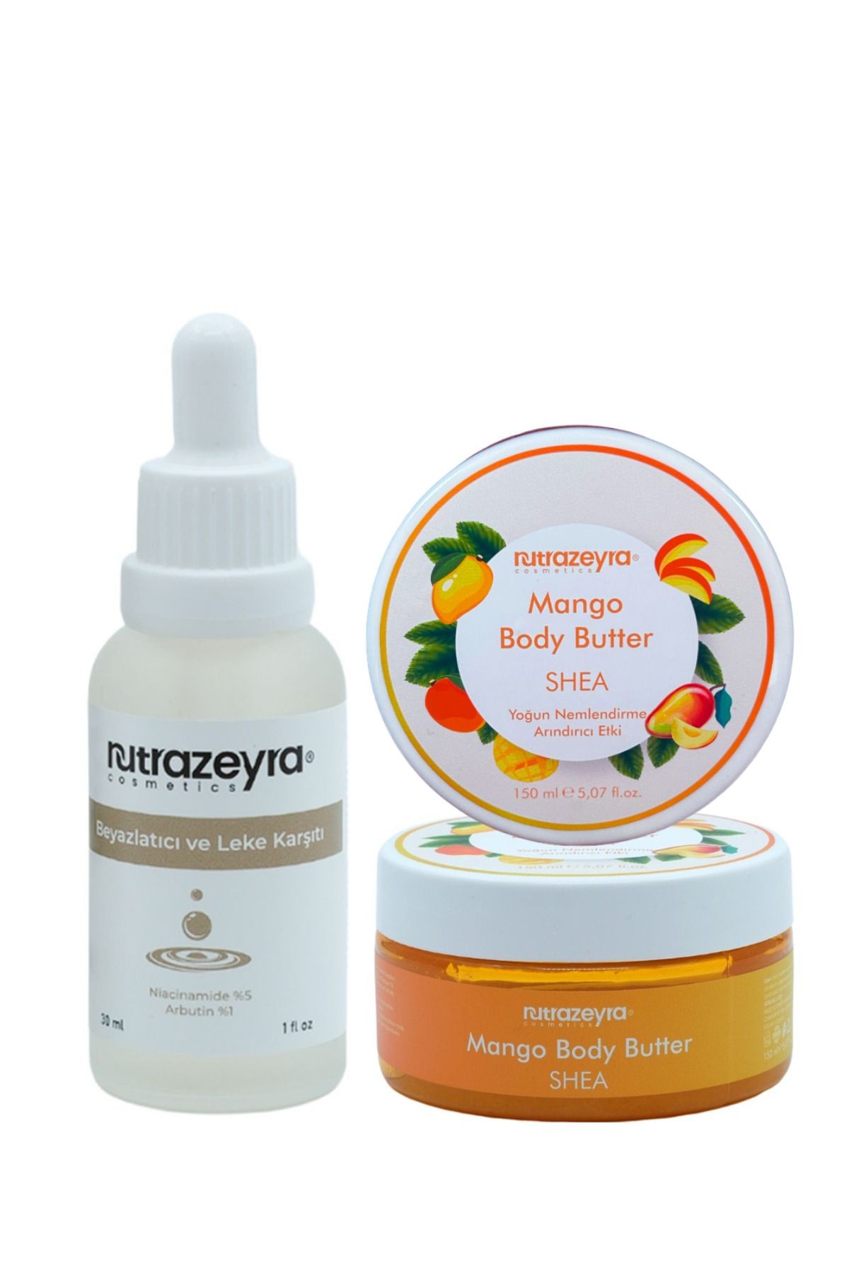 Nutrazeyra Eşitleyici Aydınlatıcı Arbutin Serum Ve Nemlendirici Mango Body Butter Vücut Peeling Cilt Bakım Seti