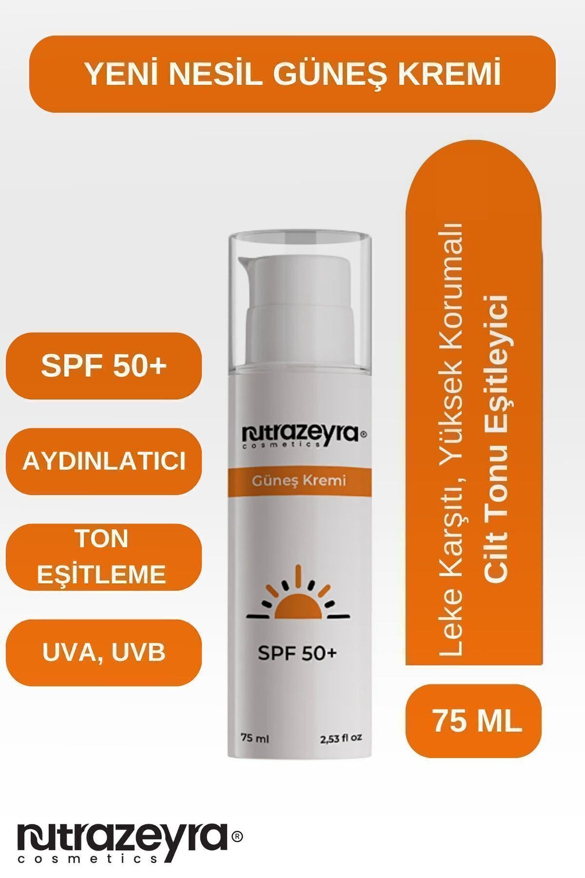 Nutrazeyra Leke Karşıtı 50 Spf Yüksek Koruma Suya Dayanıklı Yüz Ve Vücut Güneş Kremi 75 ml