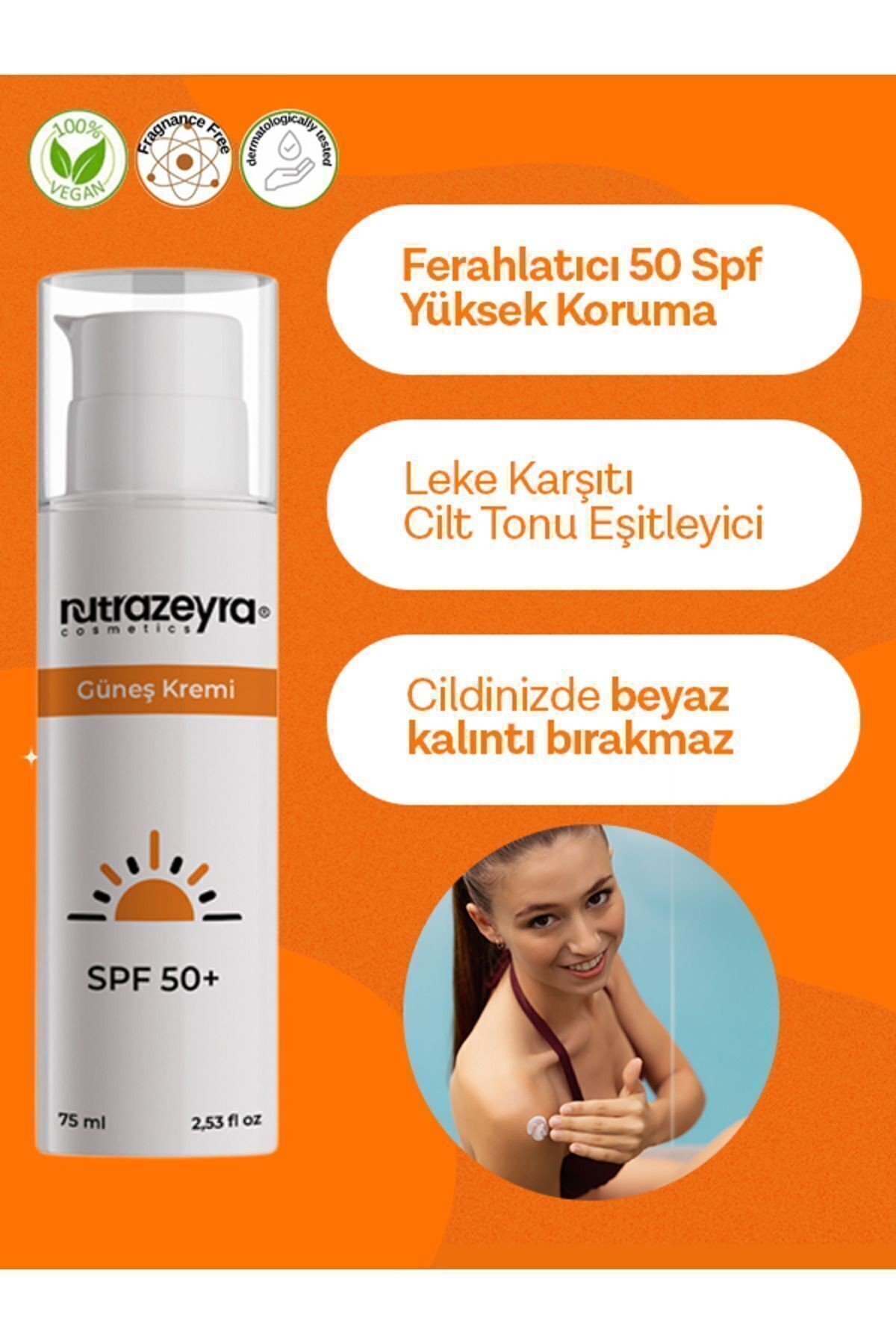 Nutrazeyra Leke Karşıtı 50 Spf Yüksek Koruma Suya Dayanıklı Yüz Ve Vücut Güneş Kremi 75 ml