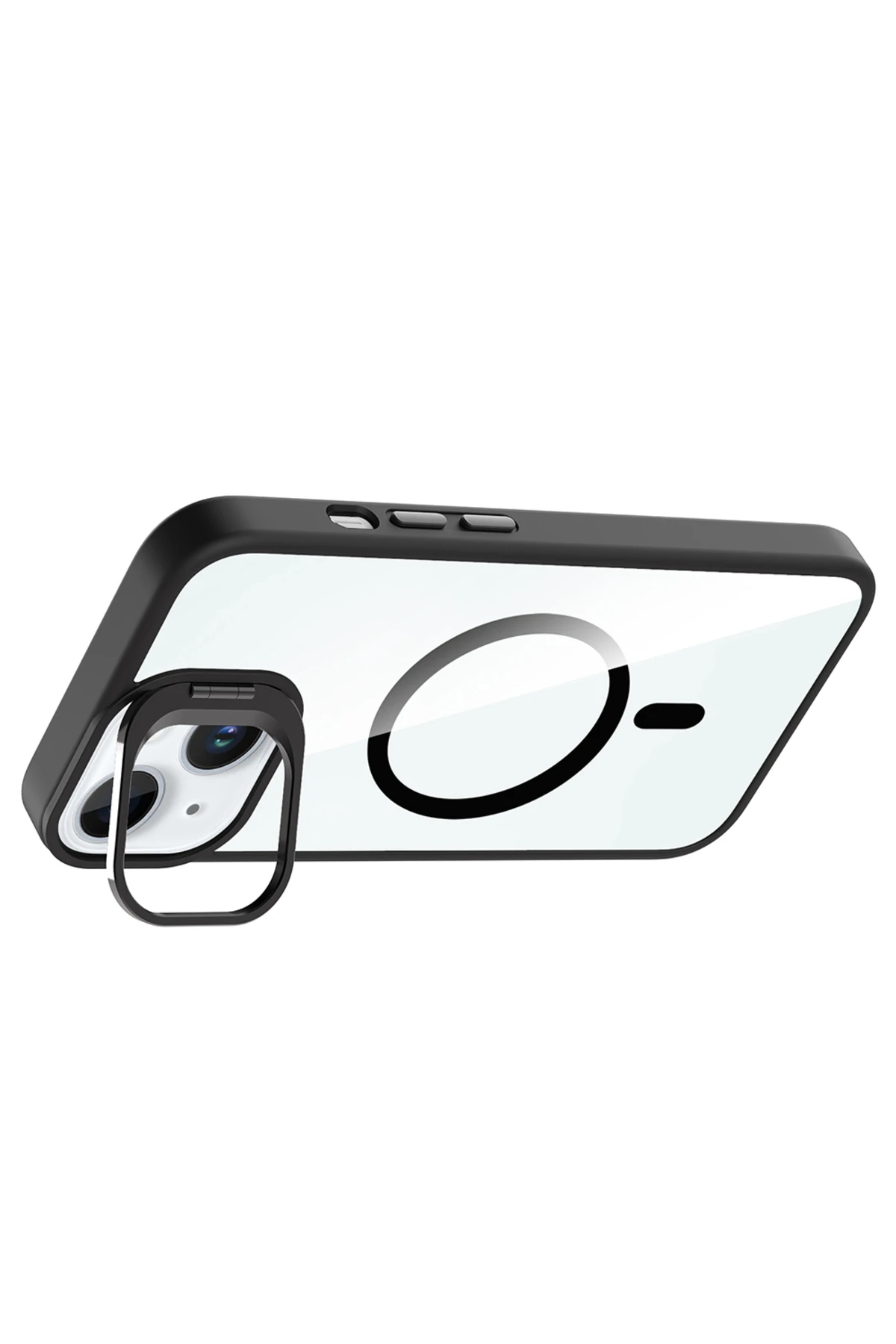 15 Uyumlu  Kılıf Standlı ve Kamera Lens M-Safe Şarj Özellikli Etro Kapak - Siyah