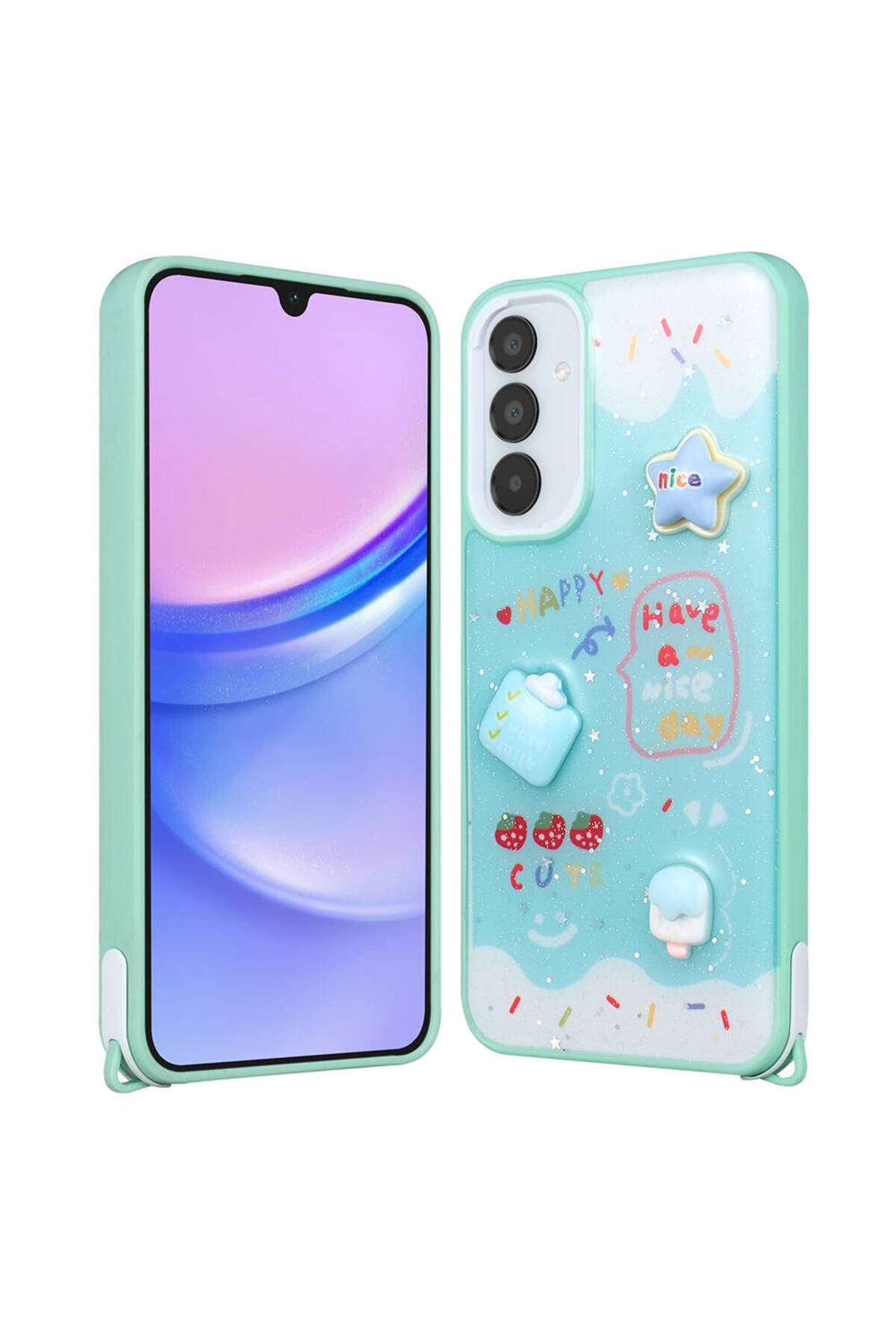 Galaxy A24 Kılıf Parlayan Simli Kabartma Figürlü TKDR Cevze Kapak - Yeşil