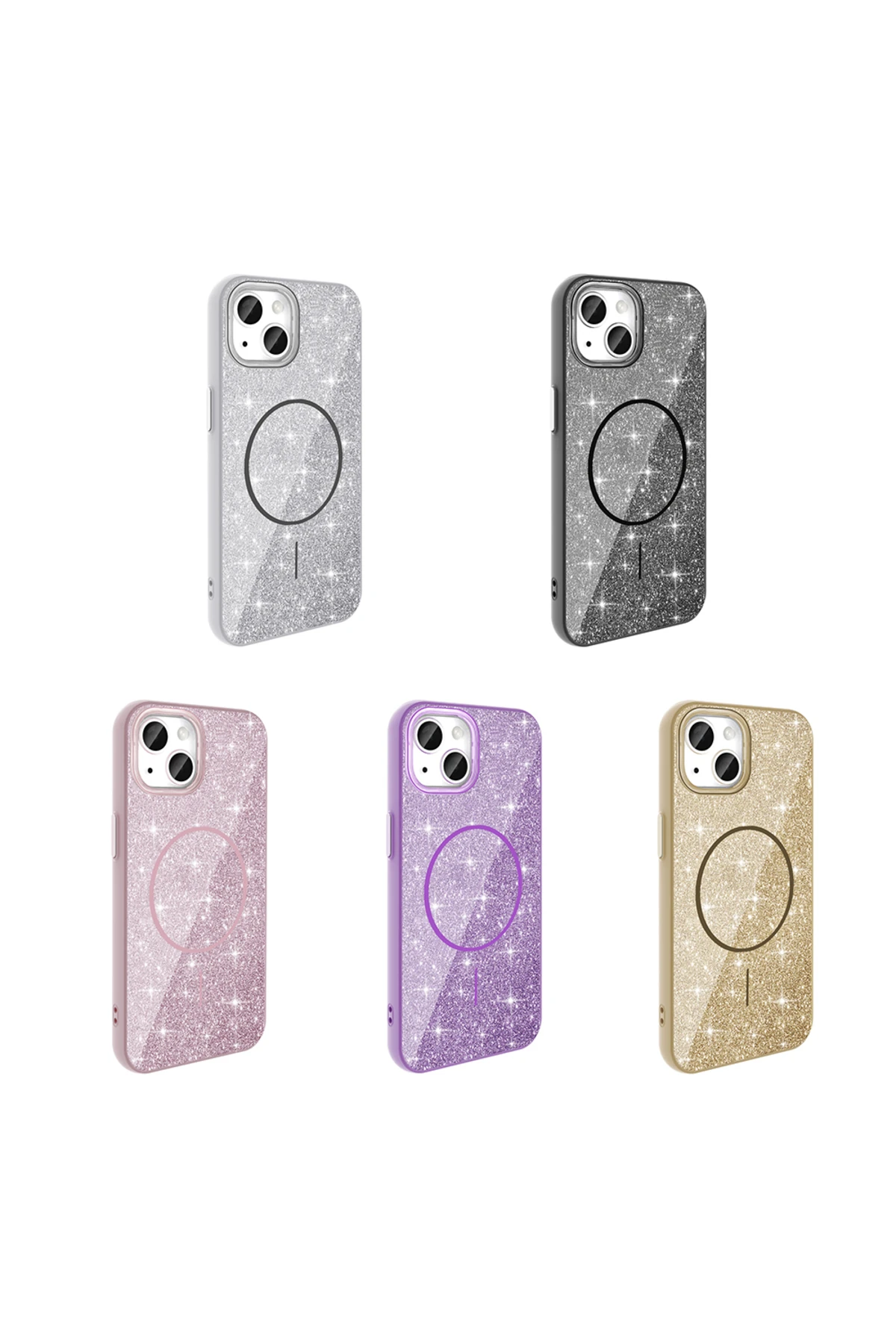 iPhone 13 Kılıf Magsafe Şarj Özellikli Parlayan Simli OMSY Okso Kapak - Beyaz