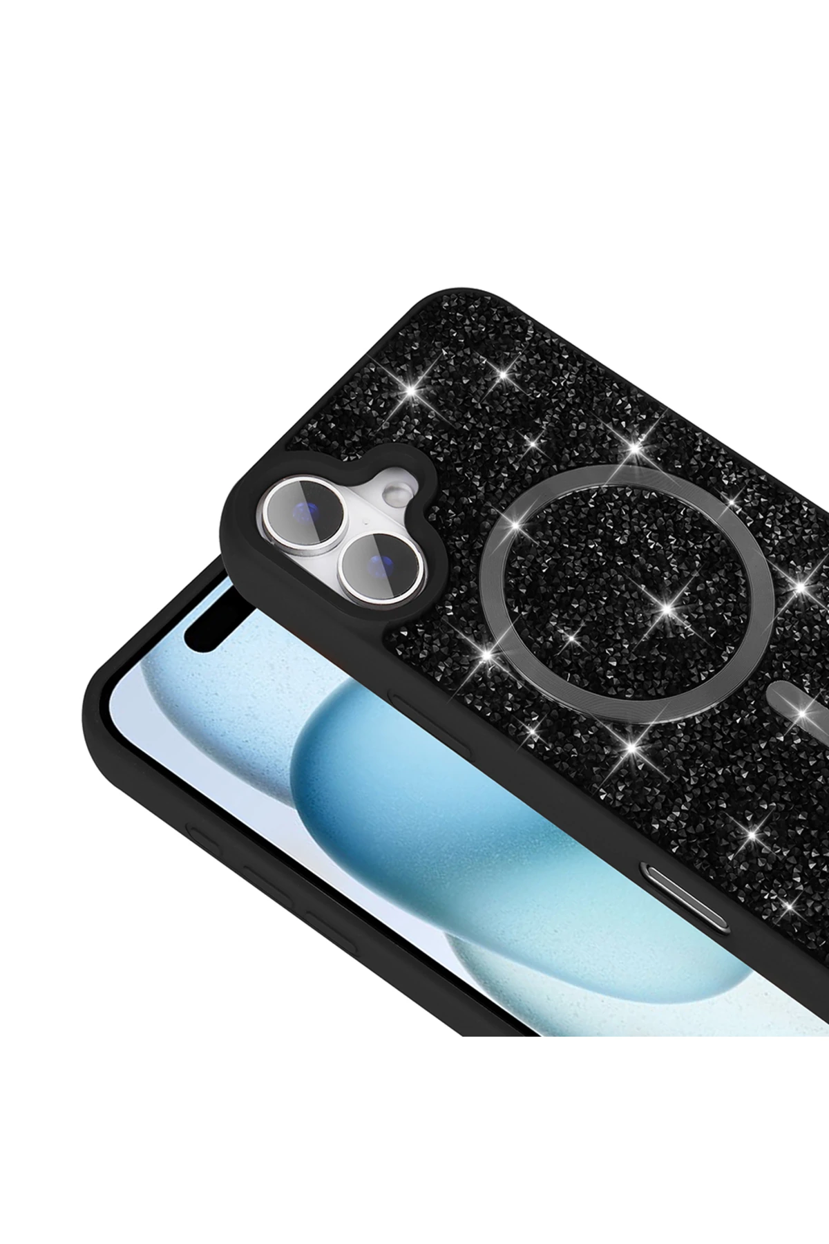 iPhone 16 Pro Kılıf Pırlanta Tasarımlı Magsafe Şarj Özellikli NXXA Mozaik Silikon Kapak - Siyah