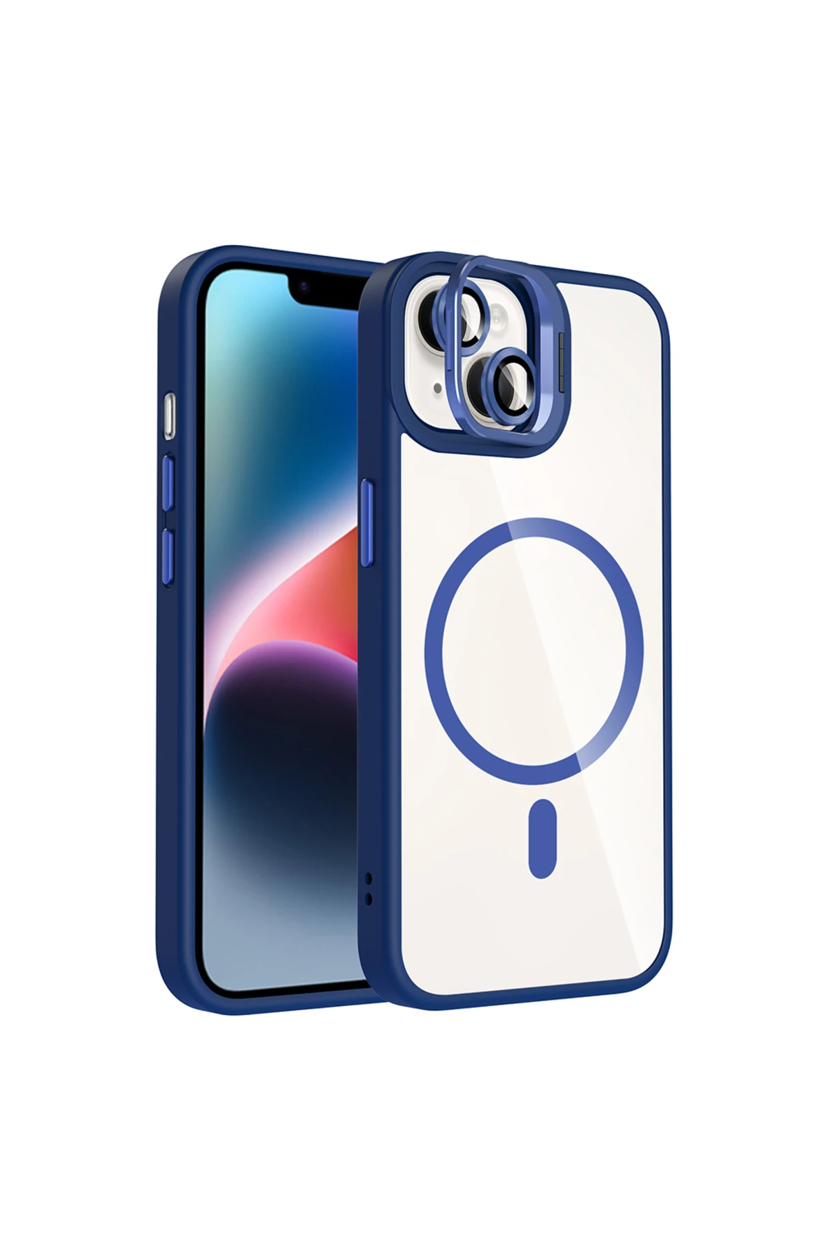 14  Uyumlu Kılıf Standlı ve Kamera Lens M-Safe Şarj Özellikli OMSY Etro Kapak - Lacivert