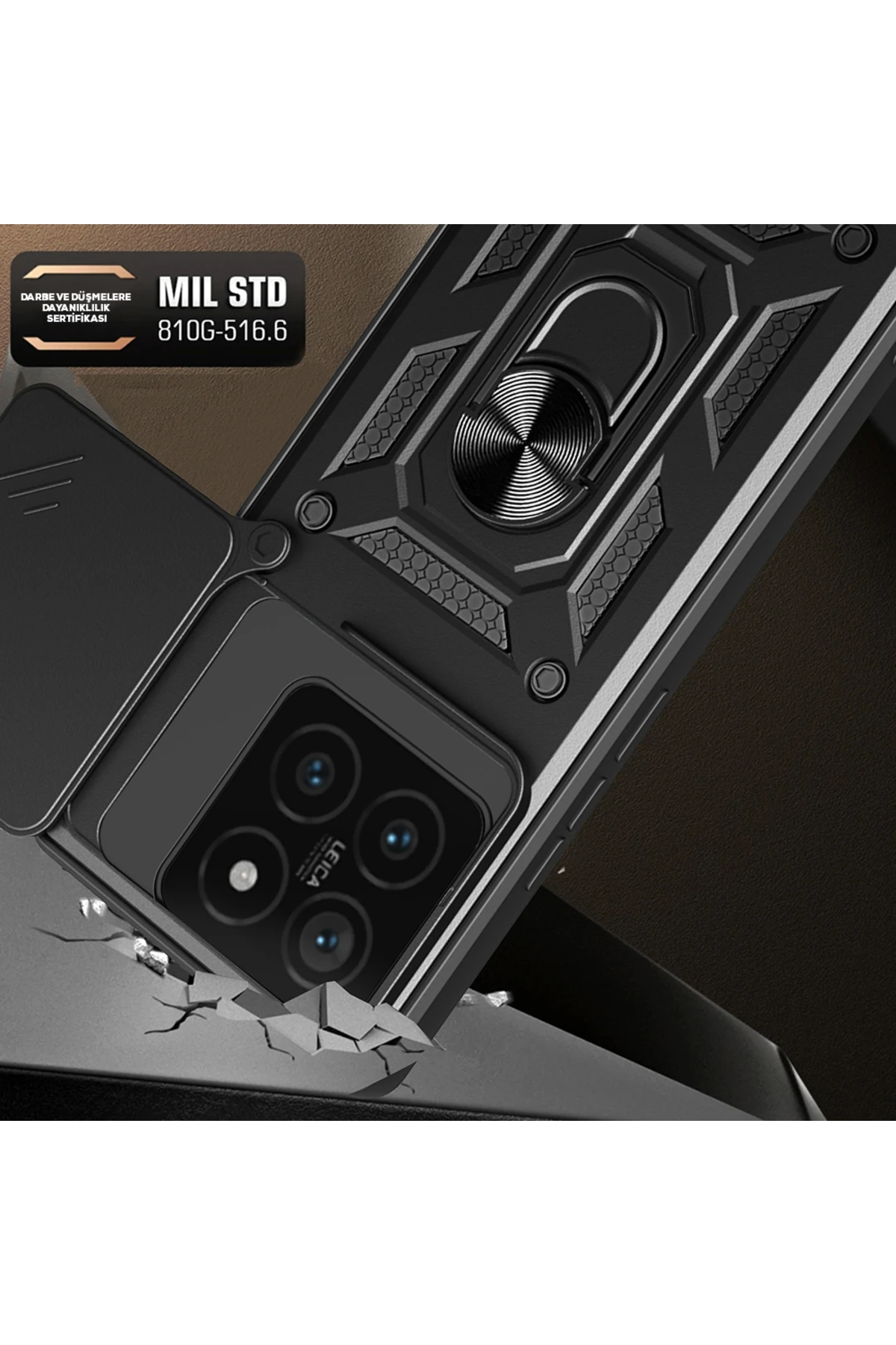 14T Uyumlu Kılıf Magnetik Standlı Kamera Korumalı OMSY Sürgülü Vega Kapak-Siyah