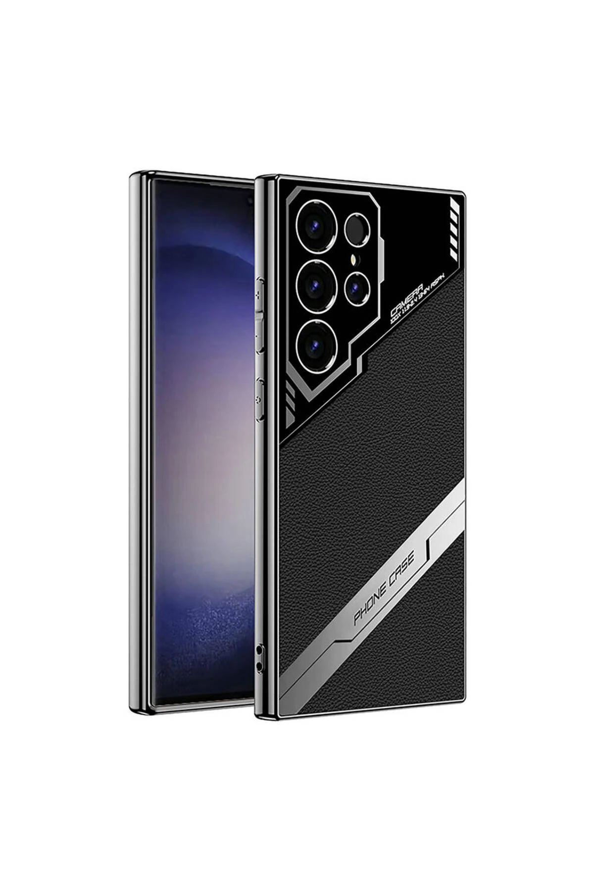 Galaxy S23 Ultra Kılıf Kamera Korumalı Suni Deri Tasarım MKST Yeni Seri Procase Kapak-Siyah